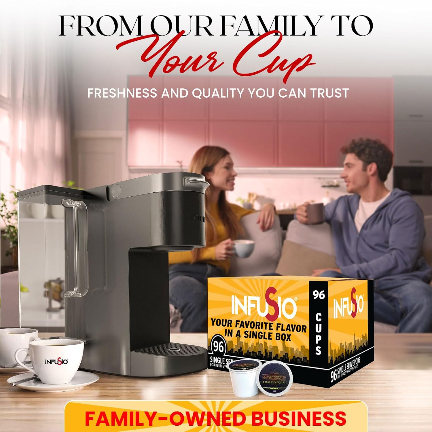InfuSio Coffee Pods Variety Pack – 96 Count, 12 Blends of Crafted Origins and Indulgent Flavors Including Bourbon Pecan, Butter Toffee & Hazelnut, Medium & Dark Roast, No Sweeteners, Low Acid, Keurig Compatible