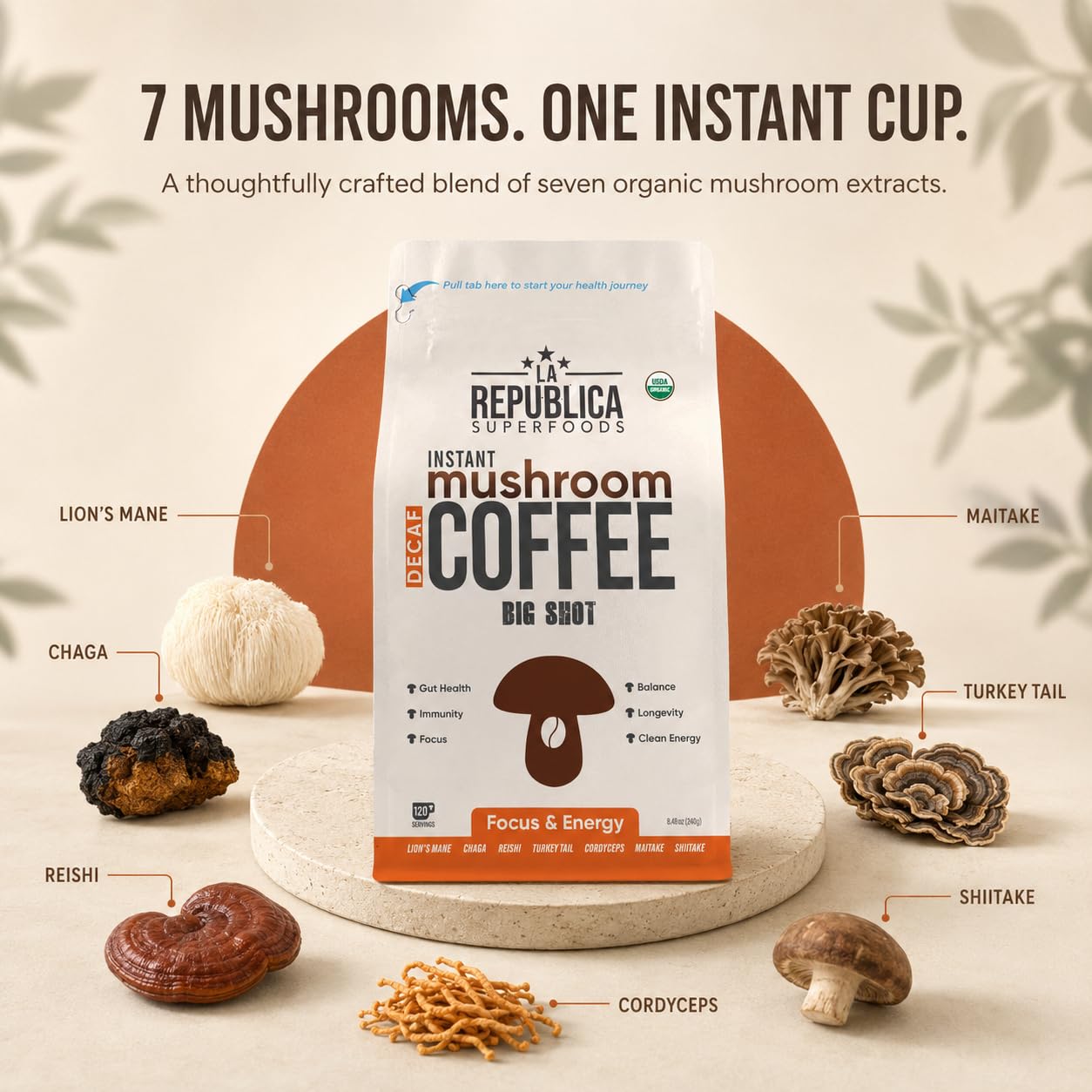 La Republica DECAF Organic Mushroom Coffee (35 Servings) with 7 Superfood Shrooms, Great Tasting Instant Mix Includes Lion's Mane, Reishi, Chaga, Cordyceps, Shiitake, Maitake, and Turkey Tail (Decaffeinated)