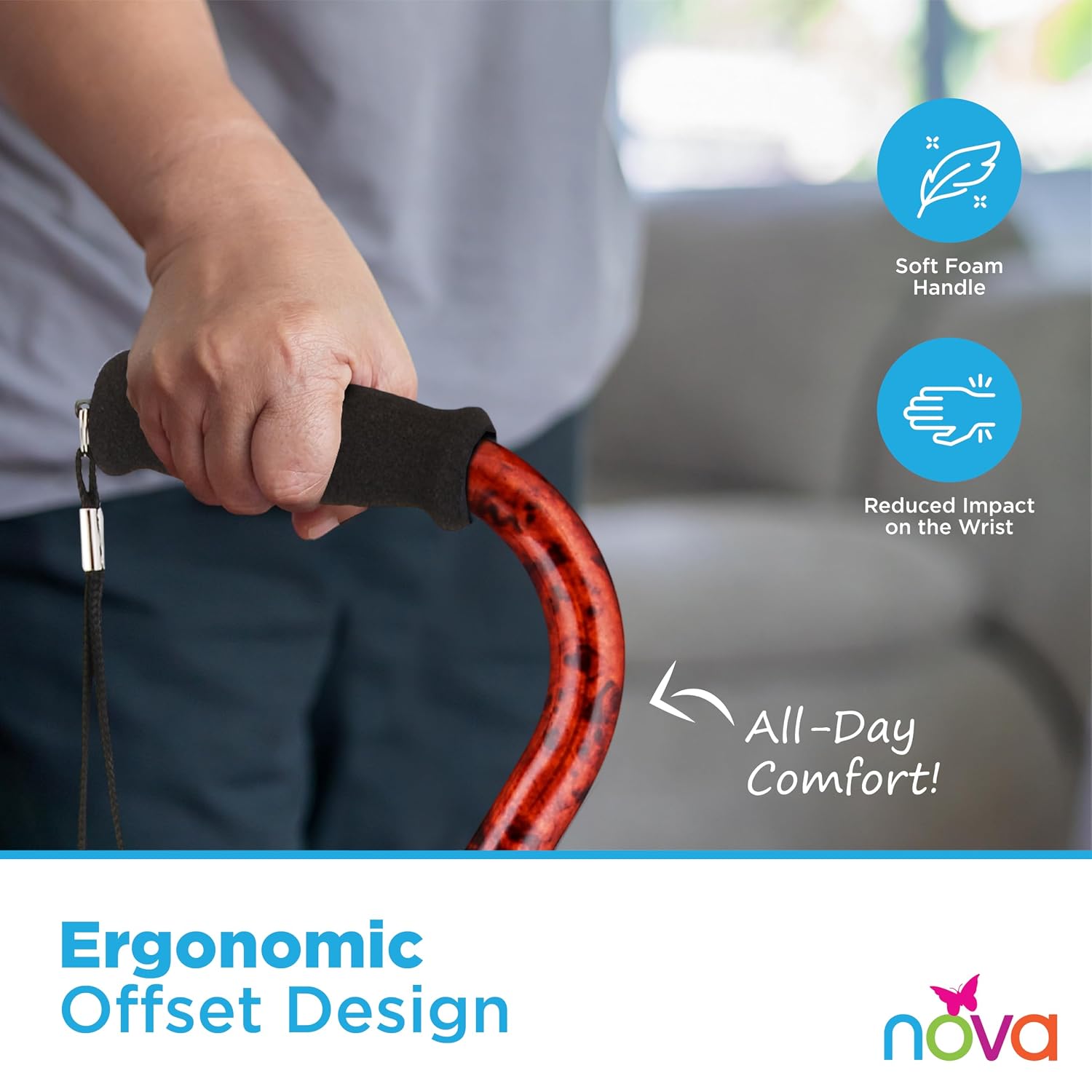 Nova Joy Designer Offset Quad Cane for Seniors - Unisex Adjustable Lightweight Walking Aid with Foam Handle, Wrist Strap and Anti-Rattle Lock - Essential Mobility Support - Maui Flowers