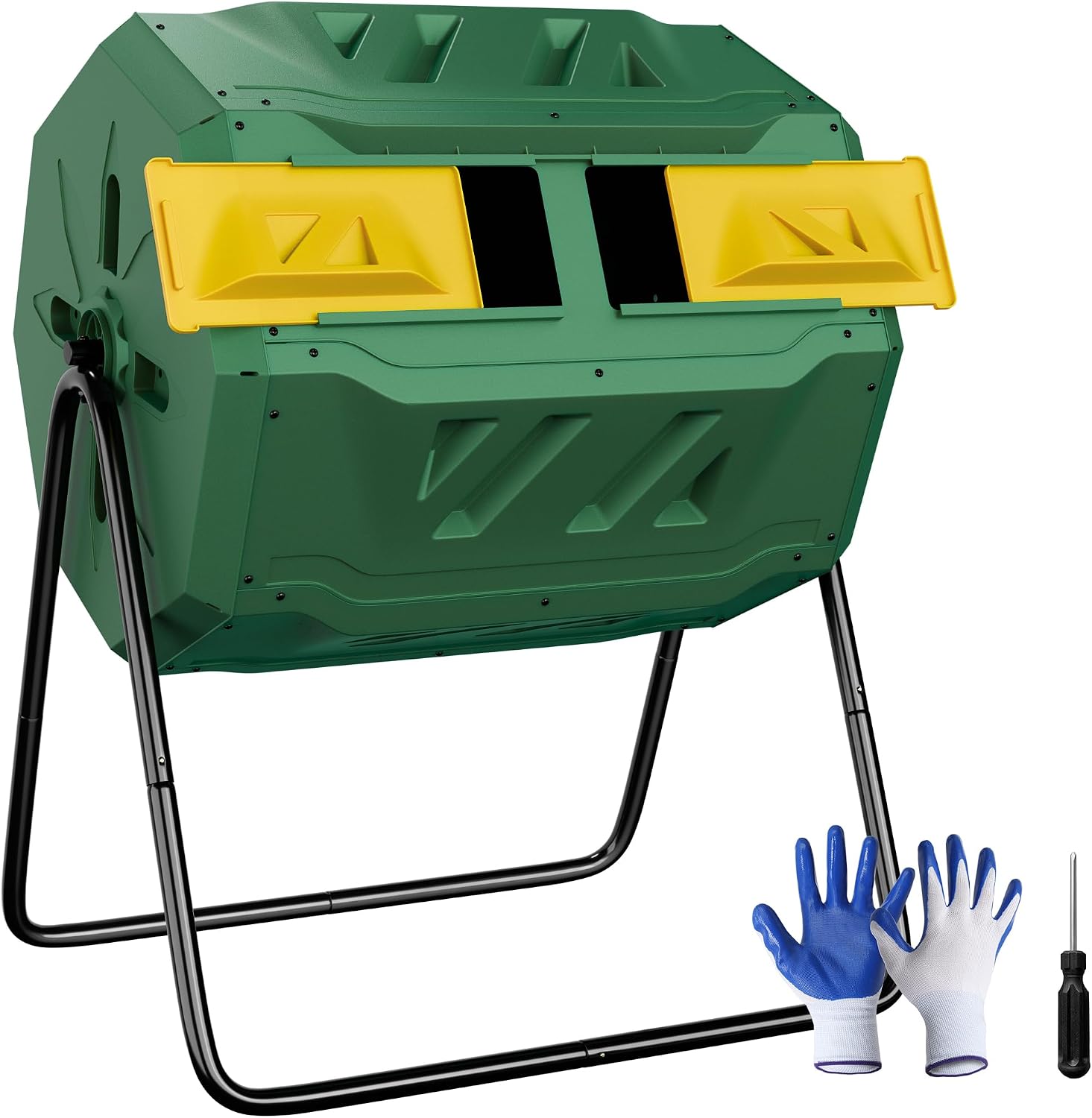 F2C Compost Bin Outdoor 43 Gallon Garden Dual Chamber Composter Bin - Bundled with Pearson's Gardening Gloves, BPA Free, Heavy-Duty Steel Frame