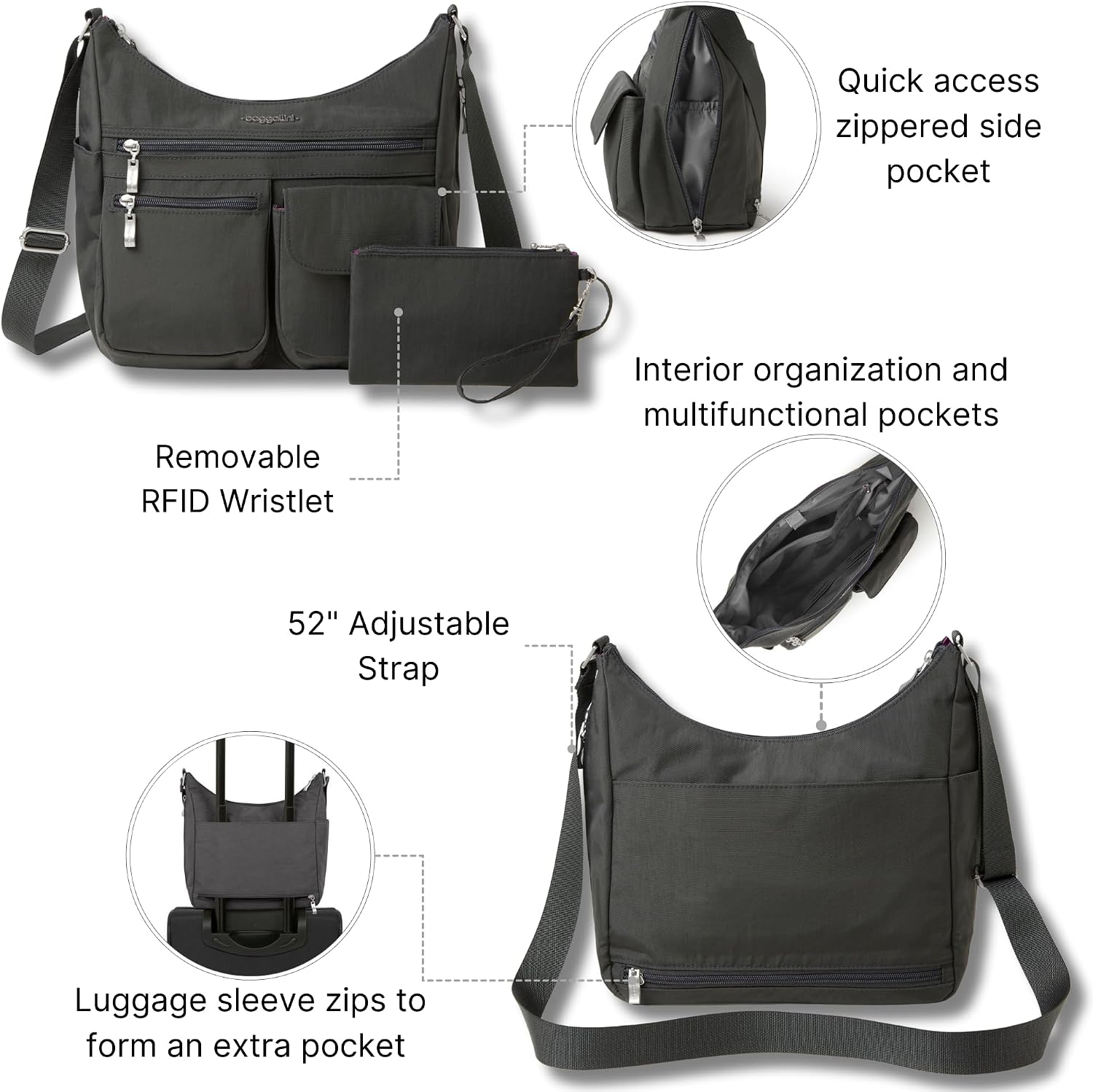 Baggallini womens Everywhere Bagg Crossbody Women 11x9 Lightweight Nylon Hobo Water-resistant Travel Bag W/Rfid