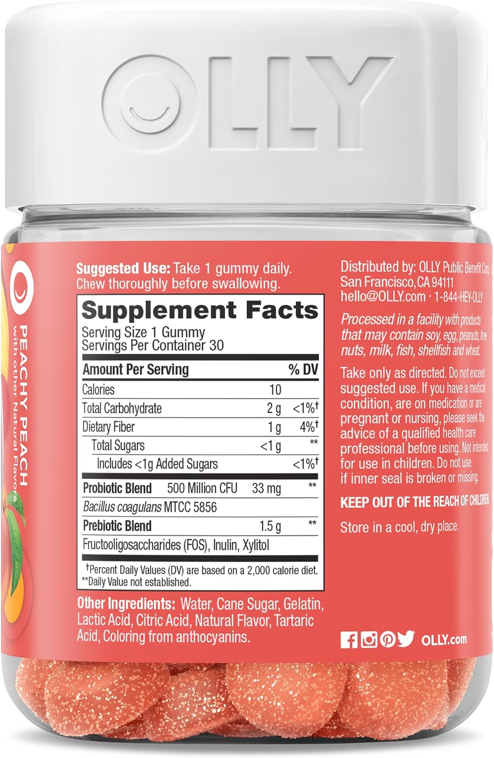 OLLY Probiotic + Prebiotic Gummy, 500 million CFUs, Peachy Peach - 30 Count