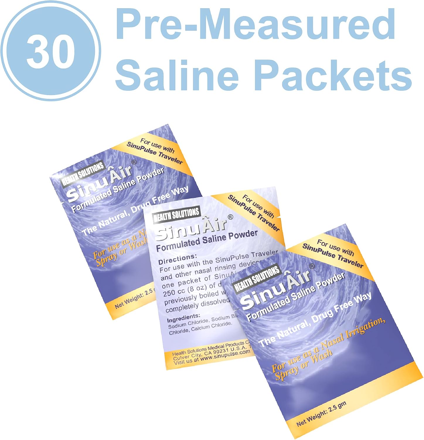 SinuAir Traveler Saline Packets - Sodium Chloride with Potassium & Calcium, Salt Solution Powder Refill Packs for Nasal Irrigation Machine