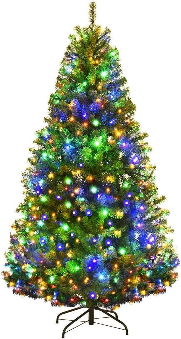Goplus 7.5ft Pre-Lit Artificial Christmas Tree, Premium PVC Snow Flocked Hinged Pine Tree with Metal Stand and LED Lights