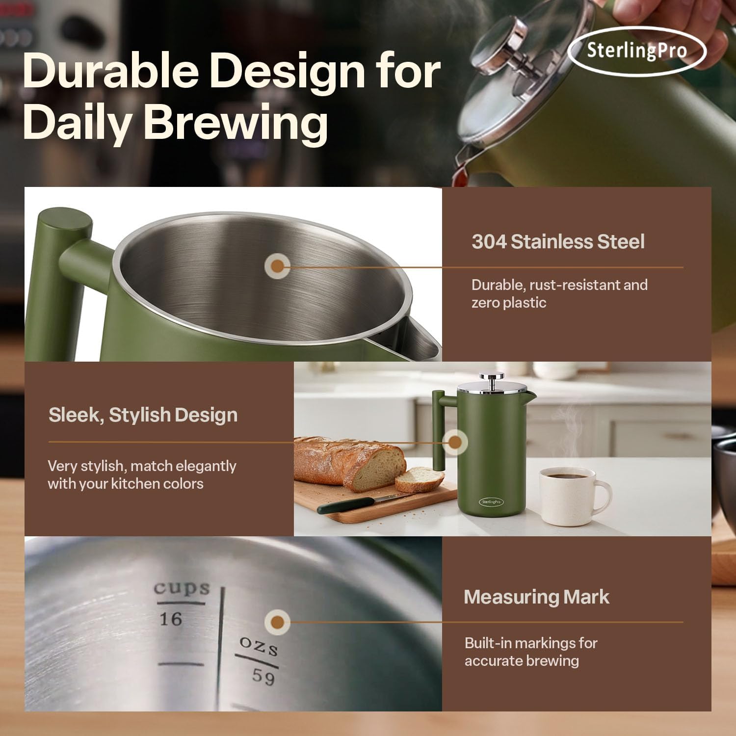 SterlingPro Large Insulated Stainless Steel French Press Coffee Maker 51oz Capacity (44 oz Brew Yield) – Double Wall Metal Coffee Press | Plastic Free | Cool-Touch | Mirror Finish | 12 Cups / 6 Mugs