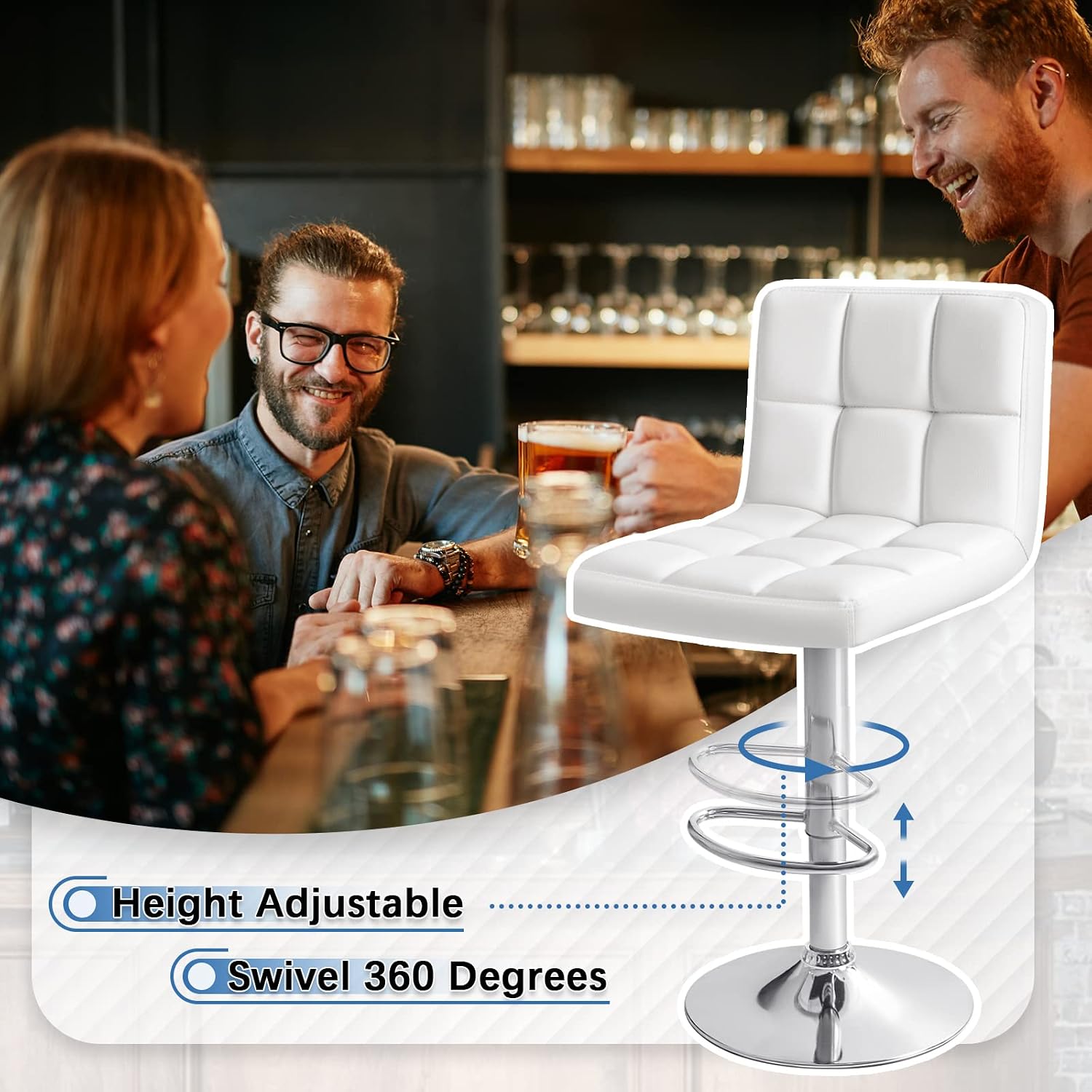 Homall Bar Stools Modern PU Leather Adjustable Swivel Barstools, Armless Hydraulic Kitchen Counter Bar Stool Extra Height Square Island Barstool with Back Set of 2 (Leather, White)
