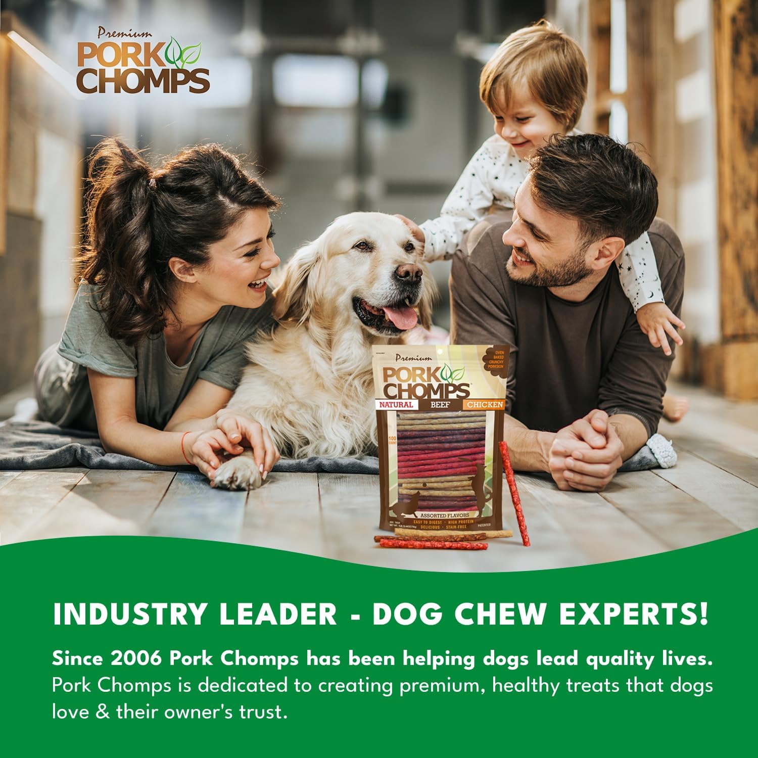 Pork Chomps Dog Chews, 5 in Munchy Sticks, Assorted Flavors, 50 Count | Oven-baked from real pork skin - a rawhide-free chew that's low in fat, high in protein, and easy to digest