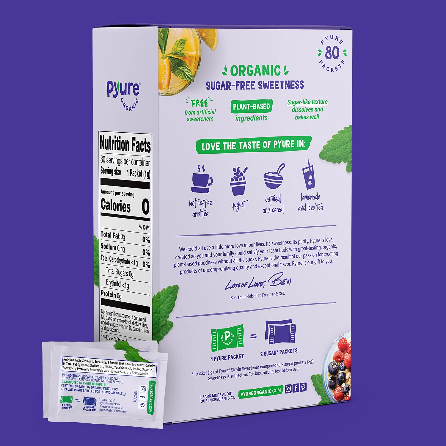 Pyure Organic Stevia Packets | Zero Calorie Sweetener For Coffee, 40 Count | Zero calorie organic stevia packets for coffee, tea, baking, keto, paleo, diabetic diets, lunchboxes, travel, and office