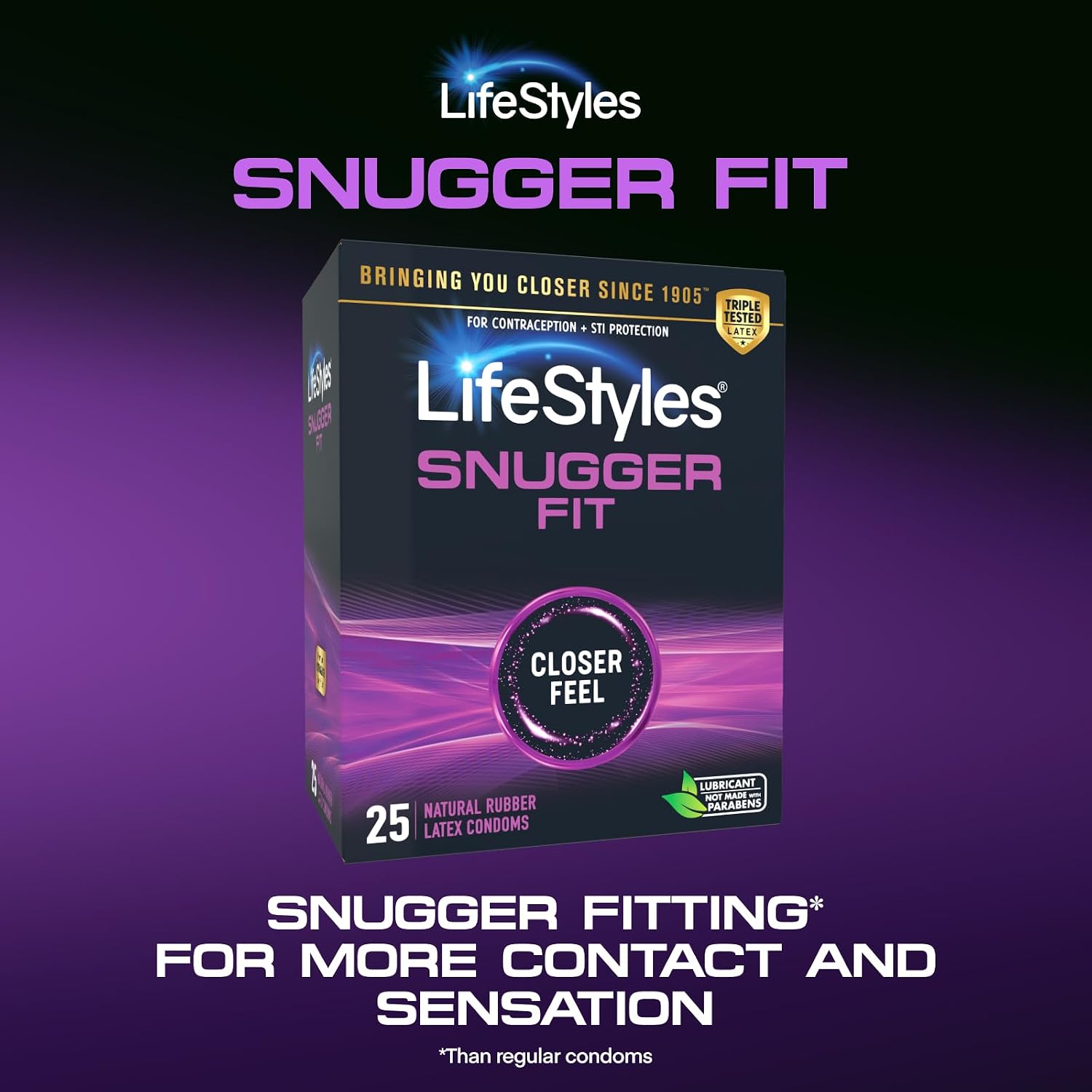 Lifestyles Snugger Fit Natural Rubber and Lubricated Latex Condoms Value Pack, 25 Count, 1 Pack, Triple Tested for Best Protection