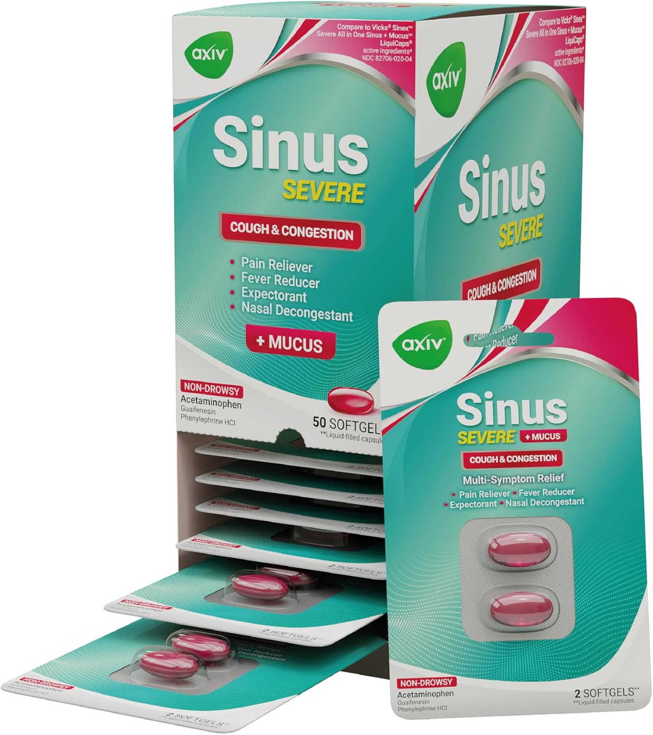 AXIV Sinus Severe + Mucus Relief, Non-Drowsy, Loosens Mucus, Maximum Strength Relief of Pain, Pressure, Congestion, & Headache Ease, 24 Softgels.