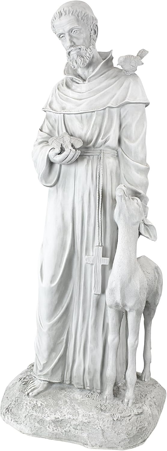 Design Toscano Francis of Assisi Blessing Religious Garden Decor Statue with Bird Bath Feeder, 19 inches Tall, Cast Stone Resin, Gray Stone Finish