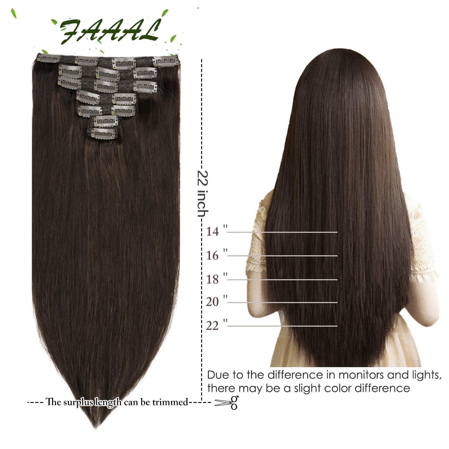 22" Clip in Human Hair Extensions Full Head 200g 10 Pieces 22 Clips Light Brown Double Weft Brazilian Real Remy Hair Extensions Thick Straight (22"