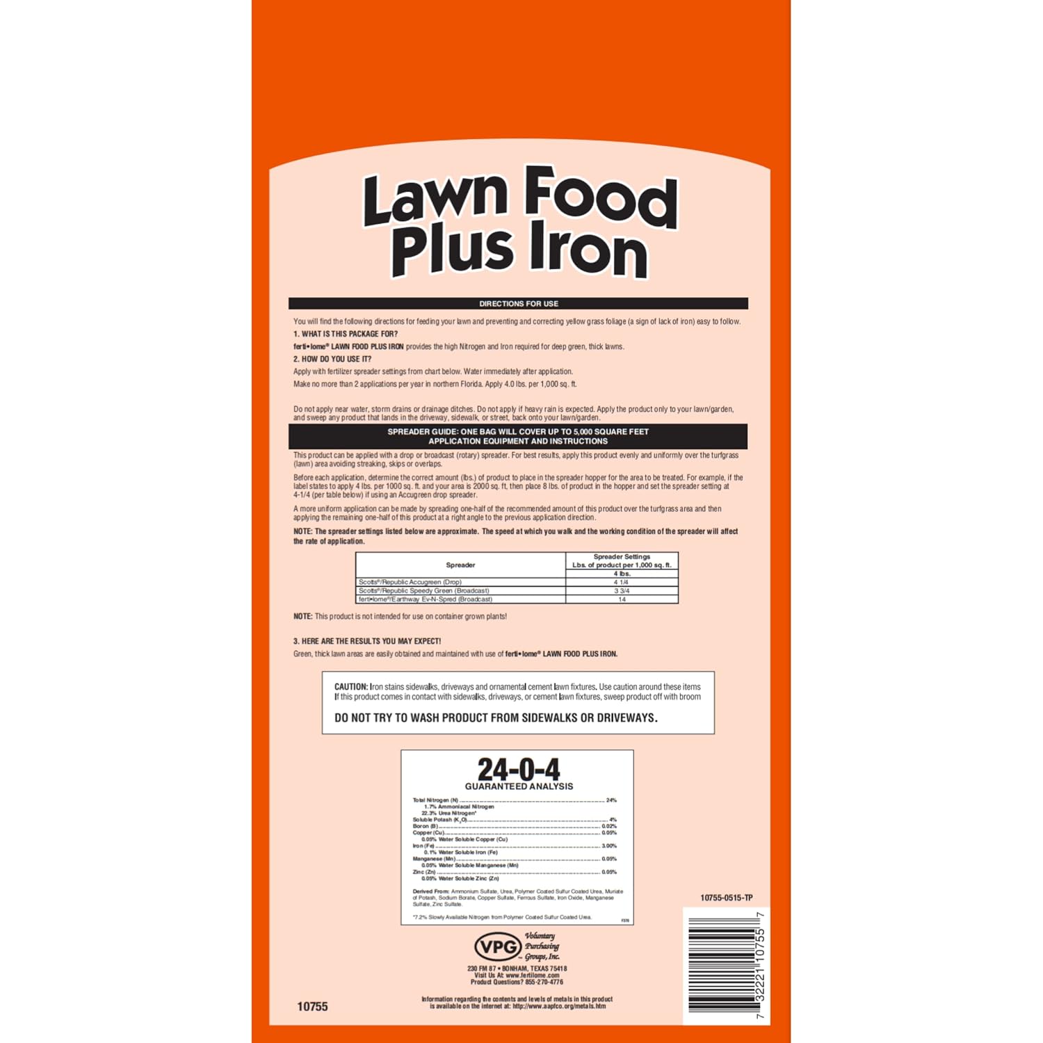 Fertilome (10760) Lawn Food Plus Iron 24-0-4, 40 lbs | 24-0-4 dual nitrogen + chelated iron - Fast green-up & long-term growth for all lawn types - Homeowners