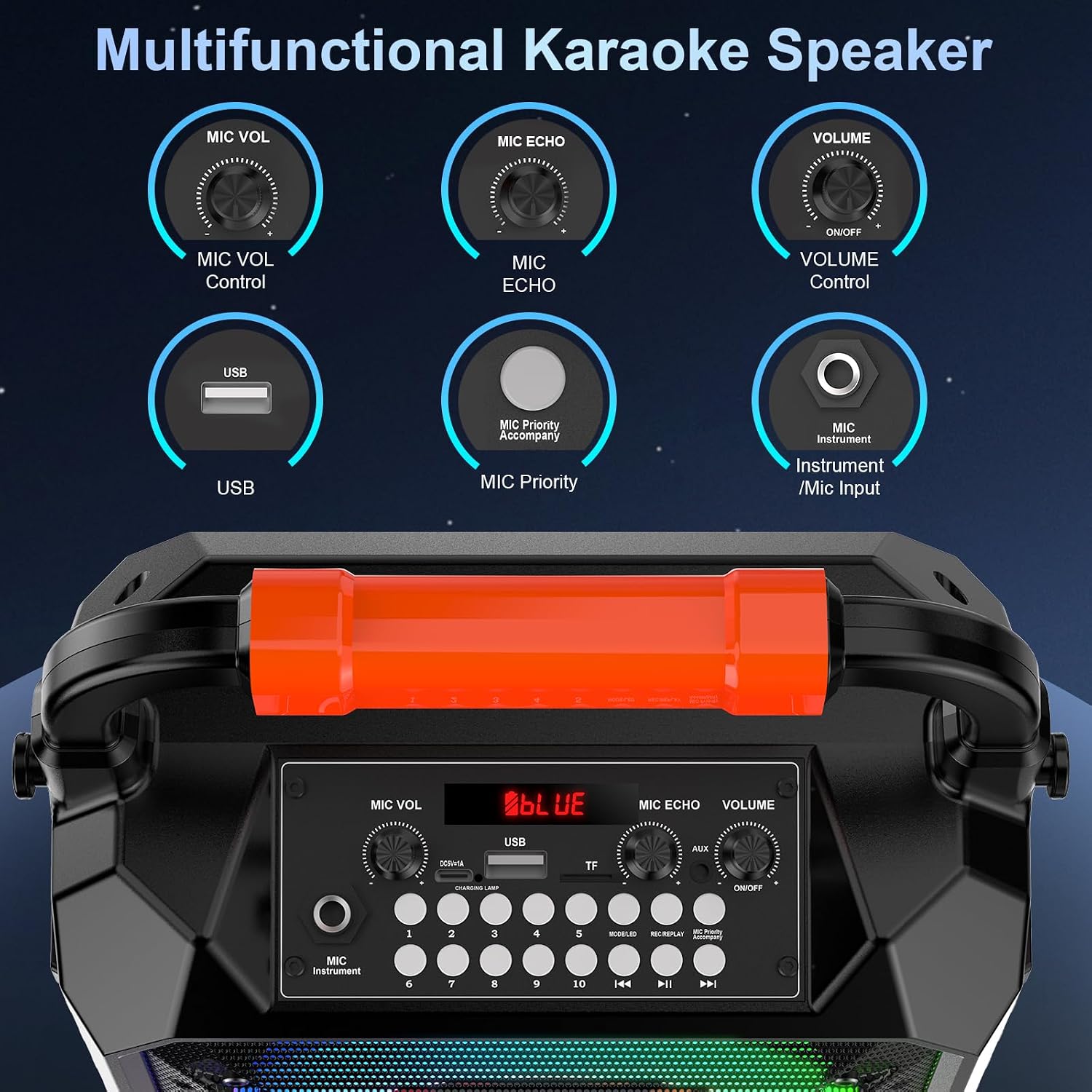 JYX Karaoke Machine for Adults & Kids with 2 Wireless Microphones, Portable Bluetooth Speaker with LED Lights, Supports USB/TF Card/AUX for Party