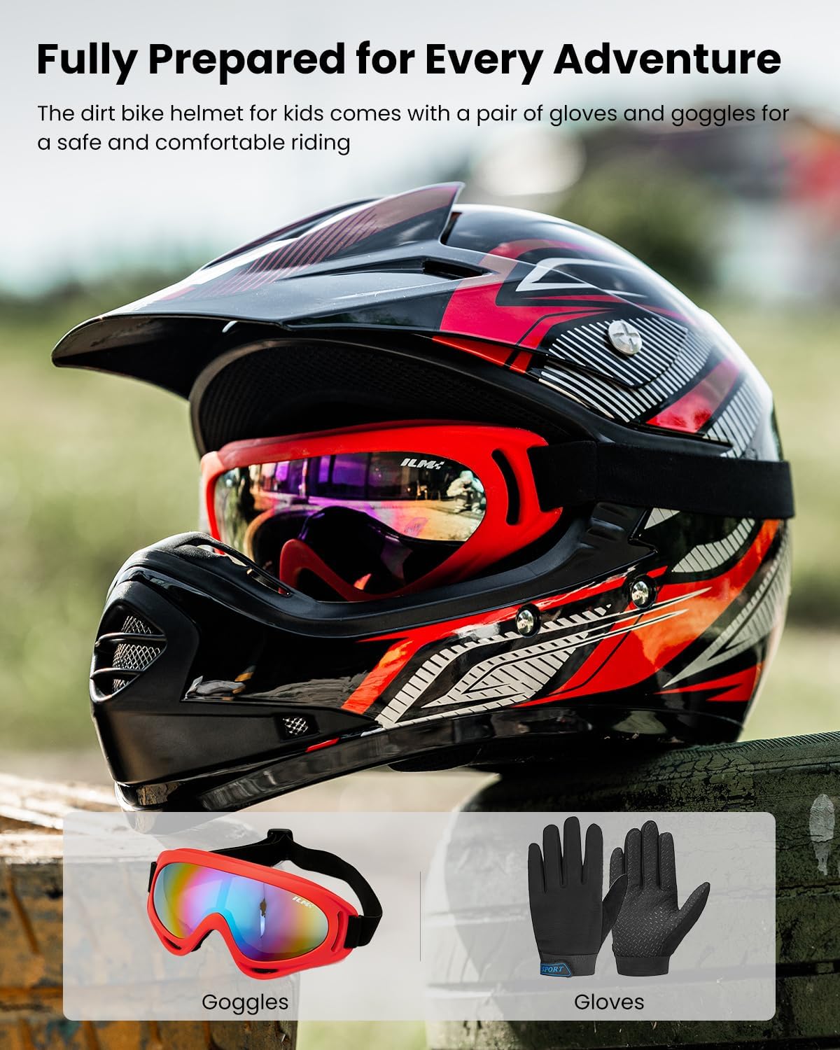 ILM Youth Kids ATV Motocross Helmet Goggles Sports Gloves Dirt Bike Motorcycle Off Road DOT Approved B07 (Youth-L, Matte Black)