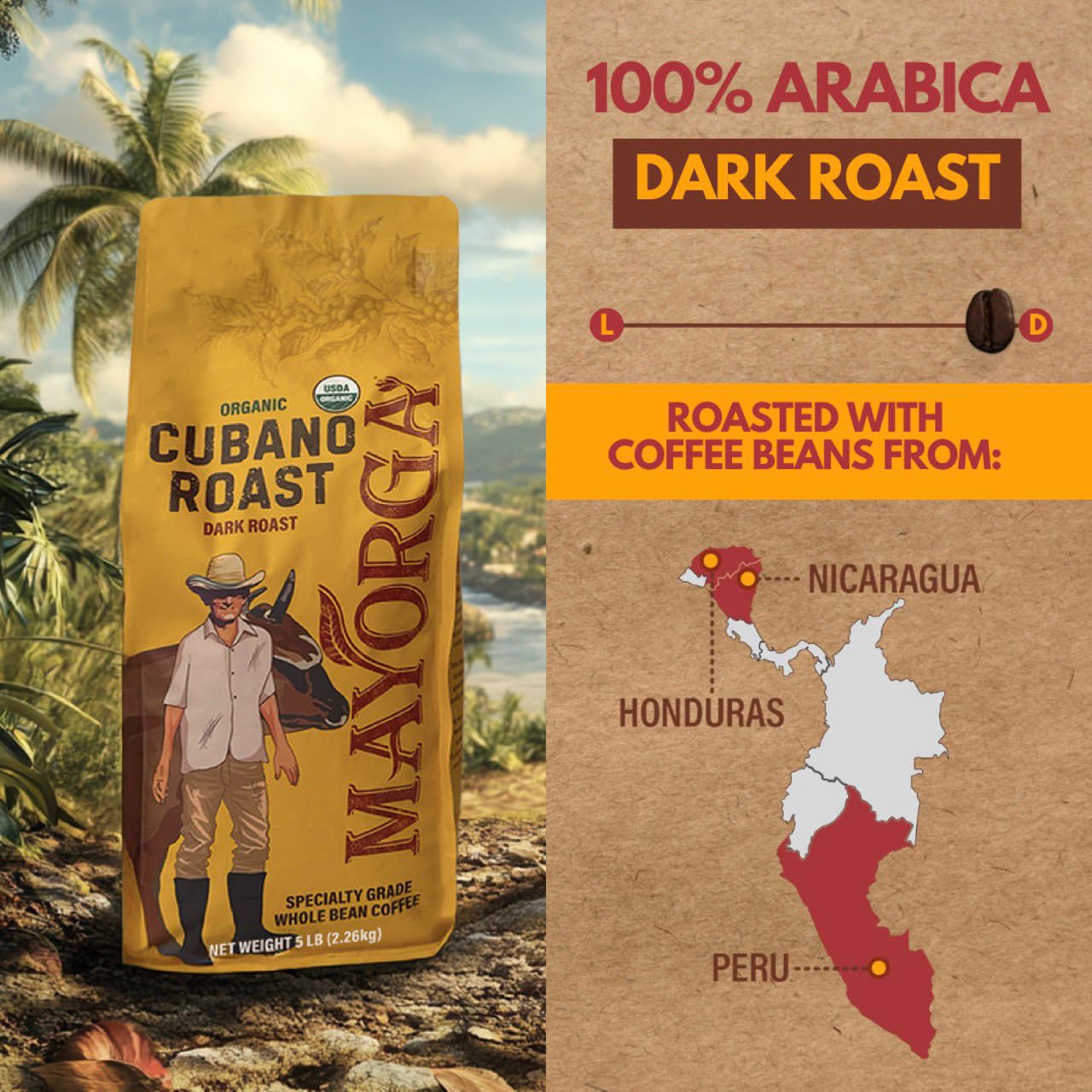 Mayorga Organic Coffee 12oz Cafe Cubano Roast - Dark Roast Whole Bean Coffee Specialty Grade, 100% Arabica, Slow Roasted, Bold and Smooth Flavor with Low Acidity - USDA Organic, Non-GMO, Kosher,