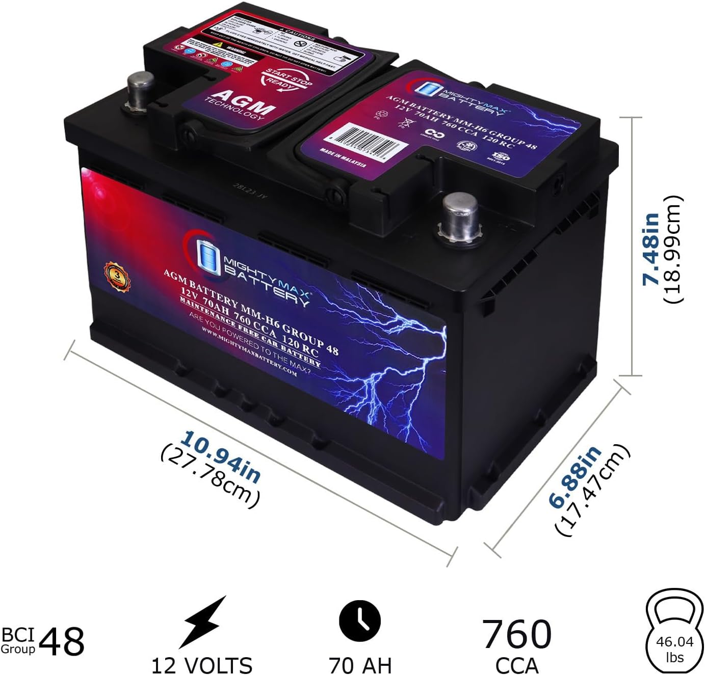 Mighty Max Battery MM-H8 Start and Stop Car BCI Group 49 12V 95Ah, 160RC, 900 CCA Rechargeable AGM Car Battery