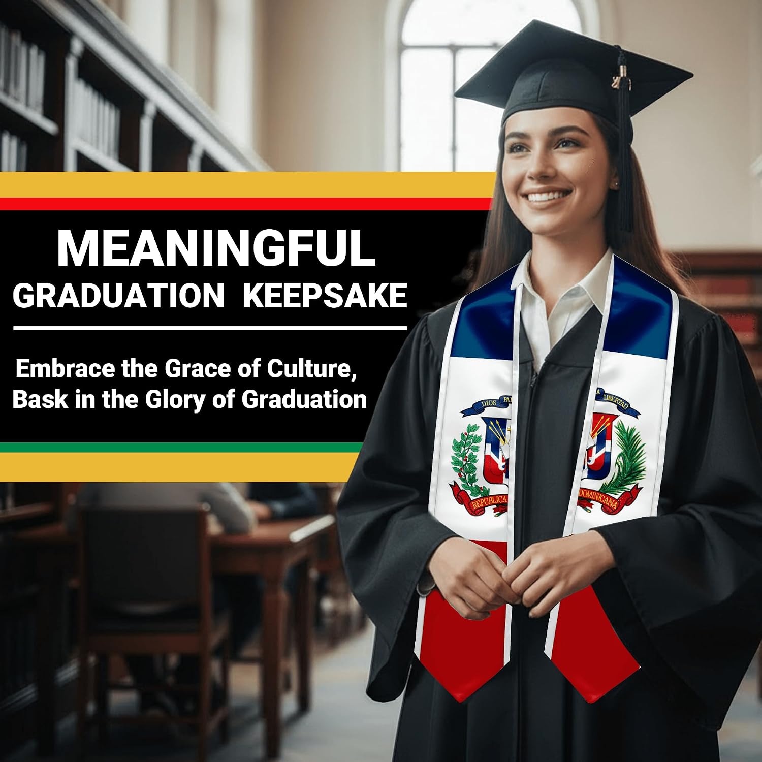 YOXEULL National Flag Embroidered Graduation Stole with Trim, Graduation Sash Graduates Gift, 72"