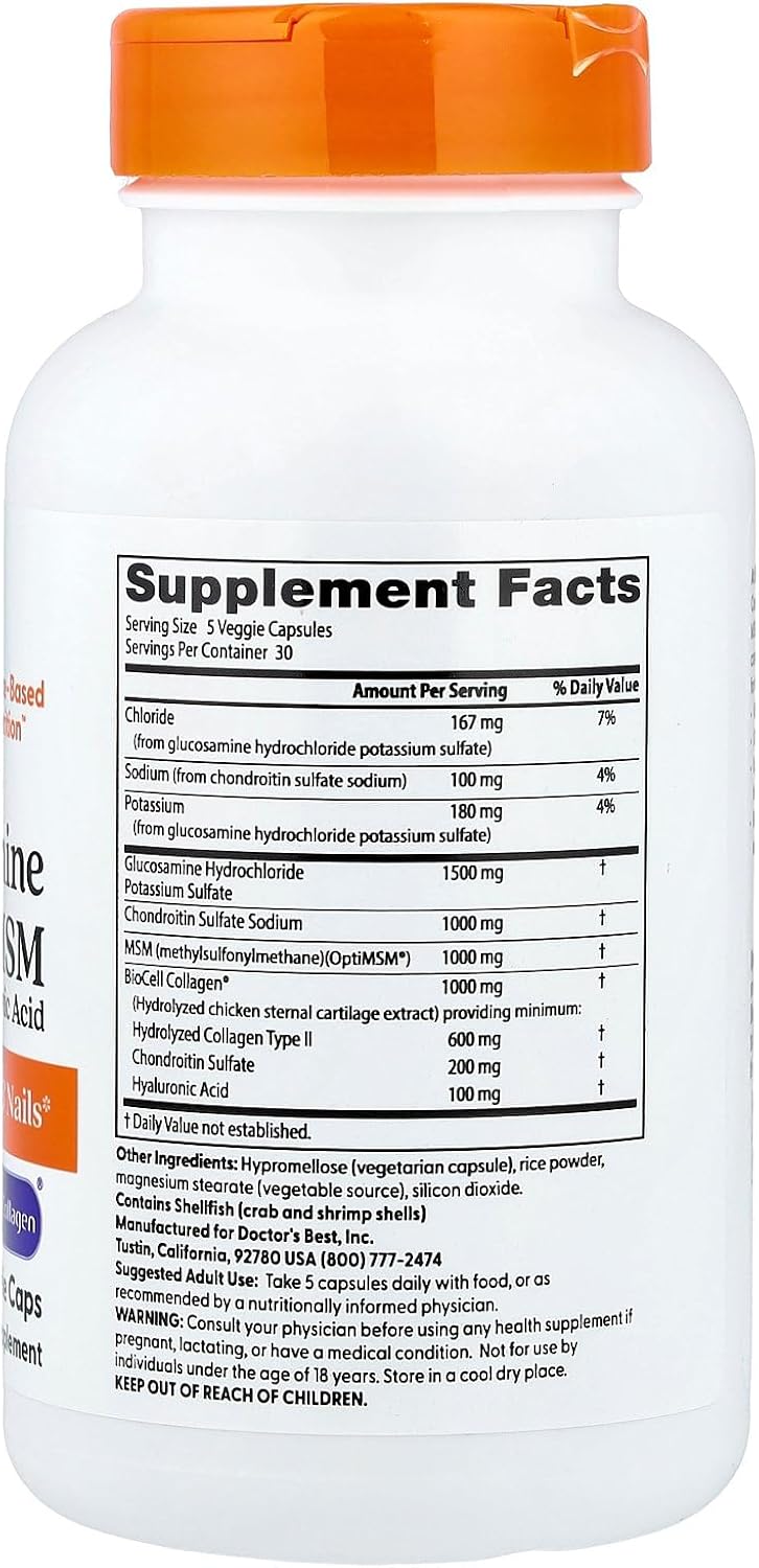 Doctor's Best Glucosamine Chondroitin MSM + Hyaluronic Acid with OptiMSM Featuring Biocell Collagen, Joint Support, Non-GMO, Gluten & Soy Free