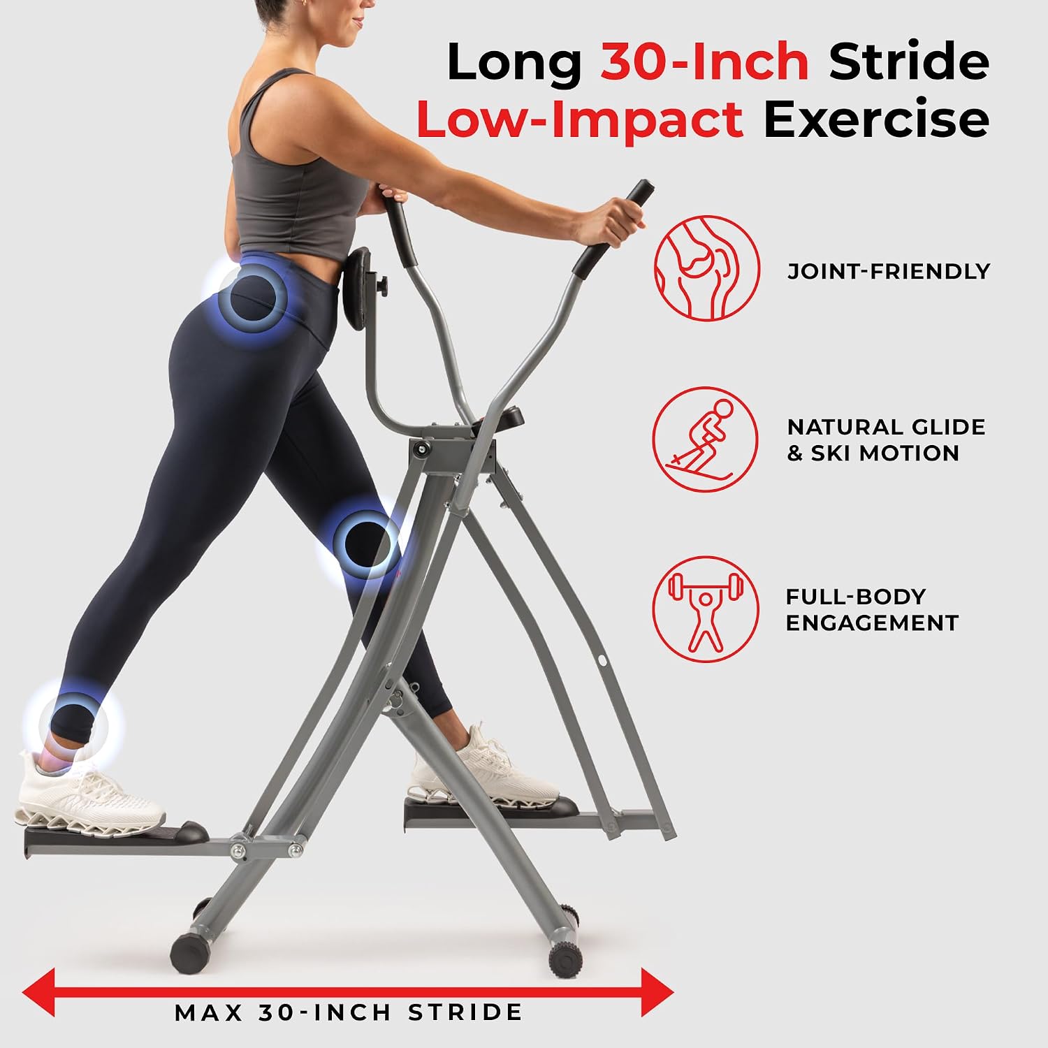 Sunny Health & Fitness Smart Air Walk Elliptical Glider Sprinter Trainer | 30" Stride, Low-Impact, Quiet Operation, Foldable and Compact Design, Digital Monitor, SunnyFit App Connectivity