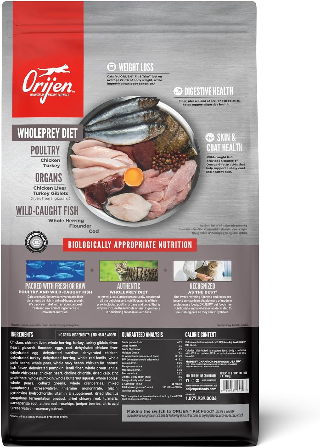 ORIJEN Grain Free WHOLEPREY Dry Cat Food Original Recipe 4lb. Bag | 90% Animal Ingredients, Freeze Dried, Fresh or Raw Ingredients, High Protein, Heart Health, Free-Run Poultry