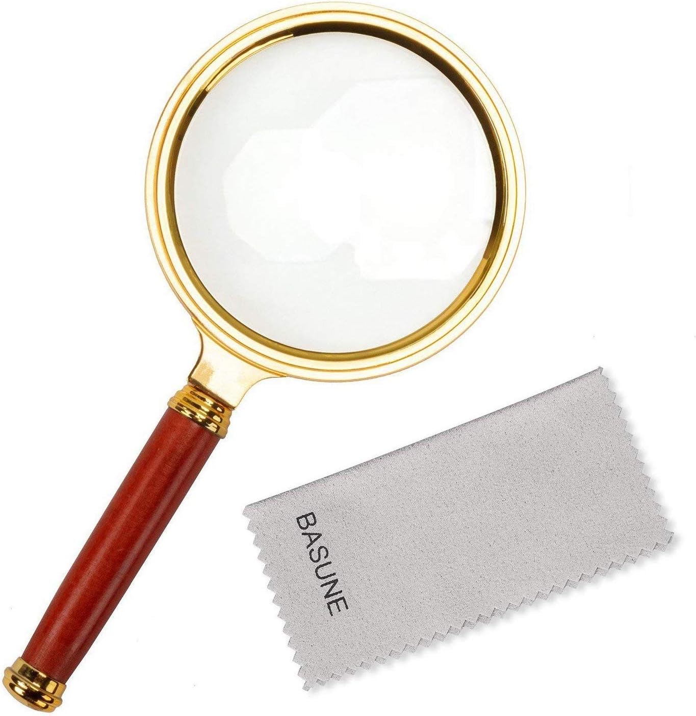 BASUNE 10X Handheld Magnifier, Reading Magnifier Loupe Glasses 10X with Rosewood Handle for Book and Newspaper Reading, Insect and Hobby Observation