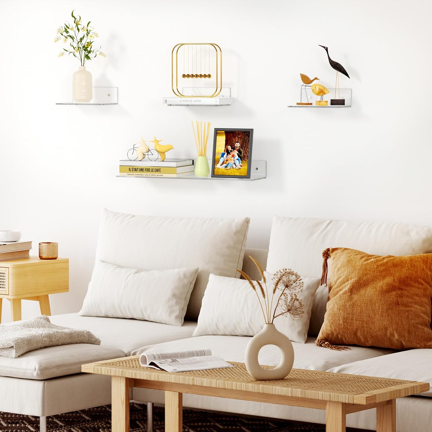 FEMELI 2 PCS 12" Acrylic Floating Shelves, Clear Shelf for Wall Display