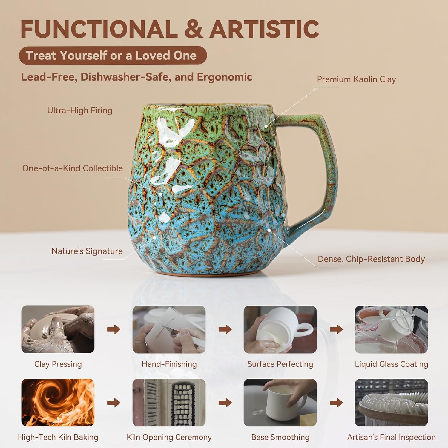 18oz Unique Kiln-Change Ceramic Coffee Mug, Handcrafted Hammered Texture Ceramic Mug with Ergonomic Handle, Microwave & Dishwasher Safe