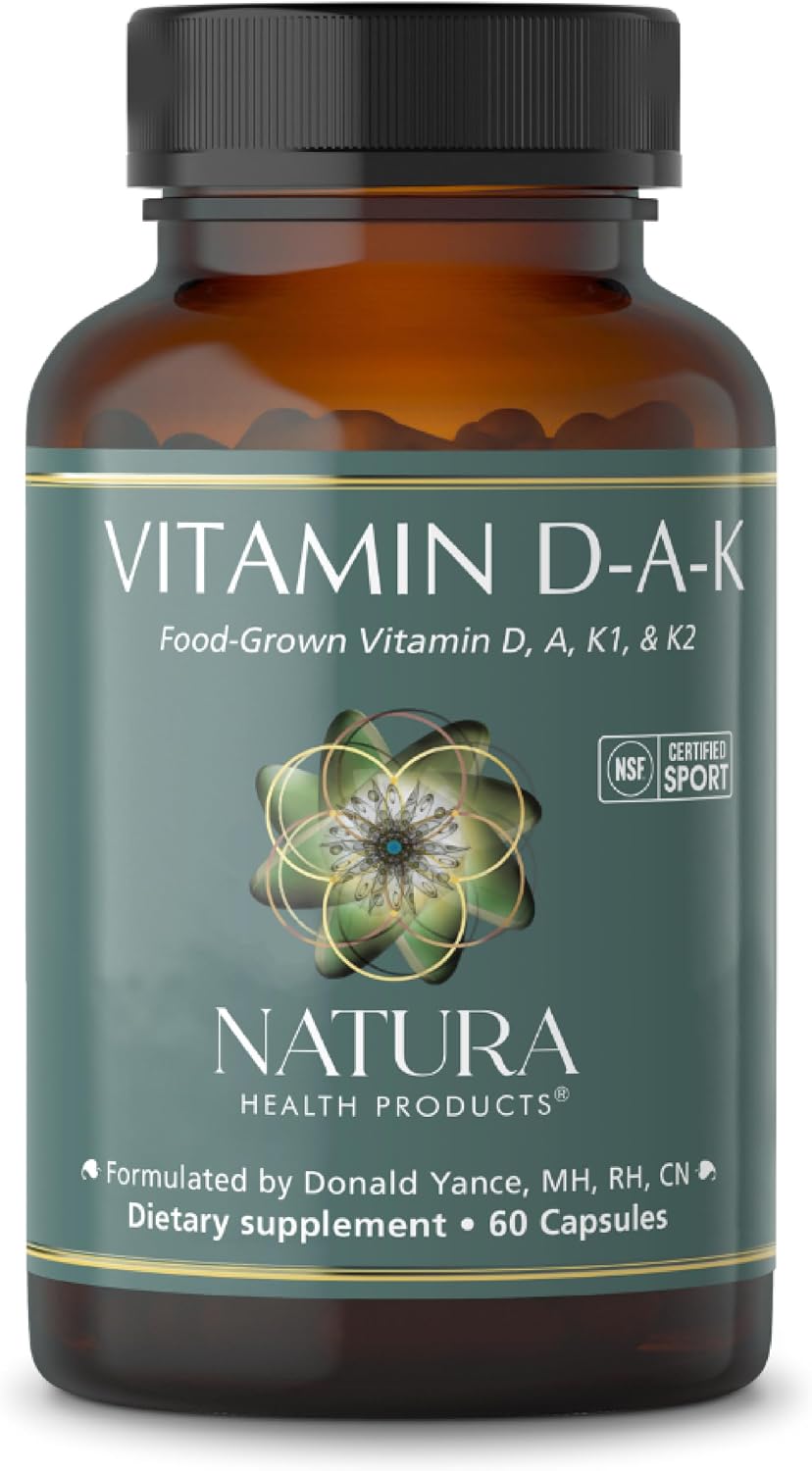 Natura Health Products D-A-K ADK Vitamin D3 5000 IU K2 K1 & A 60 Capsules | 50 mcg K2, 550 mcg K1 and 1000 IU A support calcium metabolism, bone