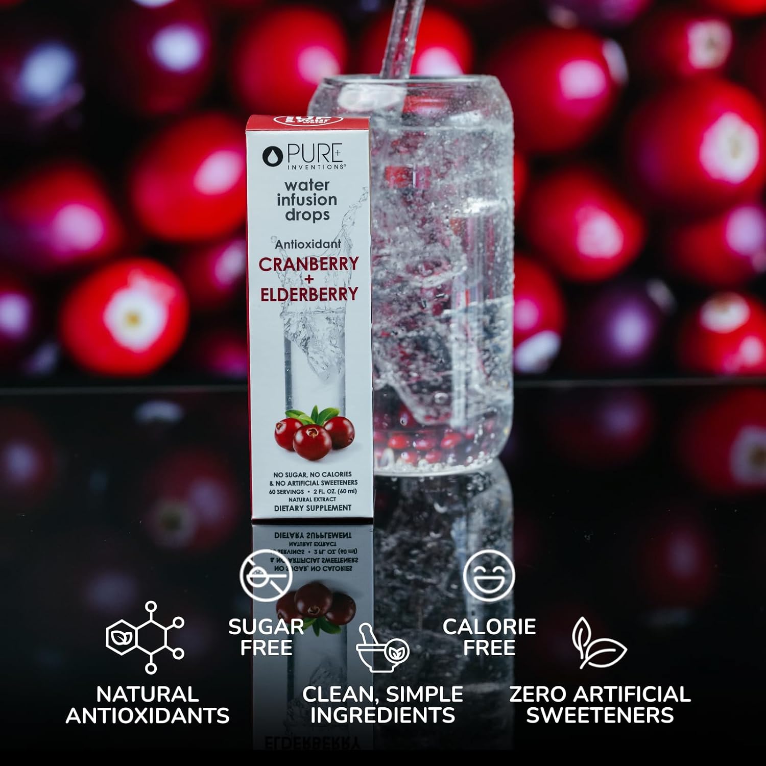 Pure Inventions Water Enhancer Drops - Refreshing and Delicious - Antioxidants, Electrolytes - No Sugar, Calories, or Artificial Sweeteners - Cranberry and Elderberry (60 Servings)