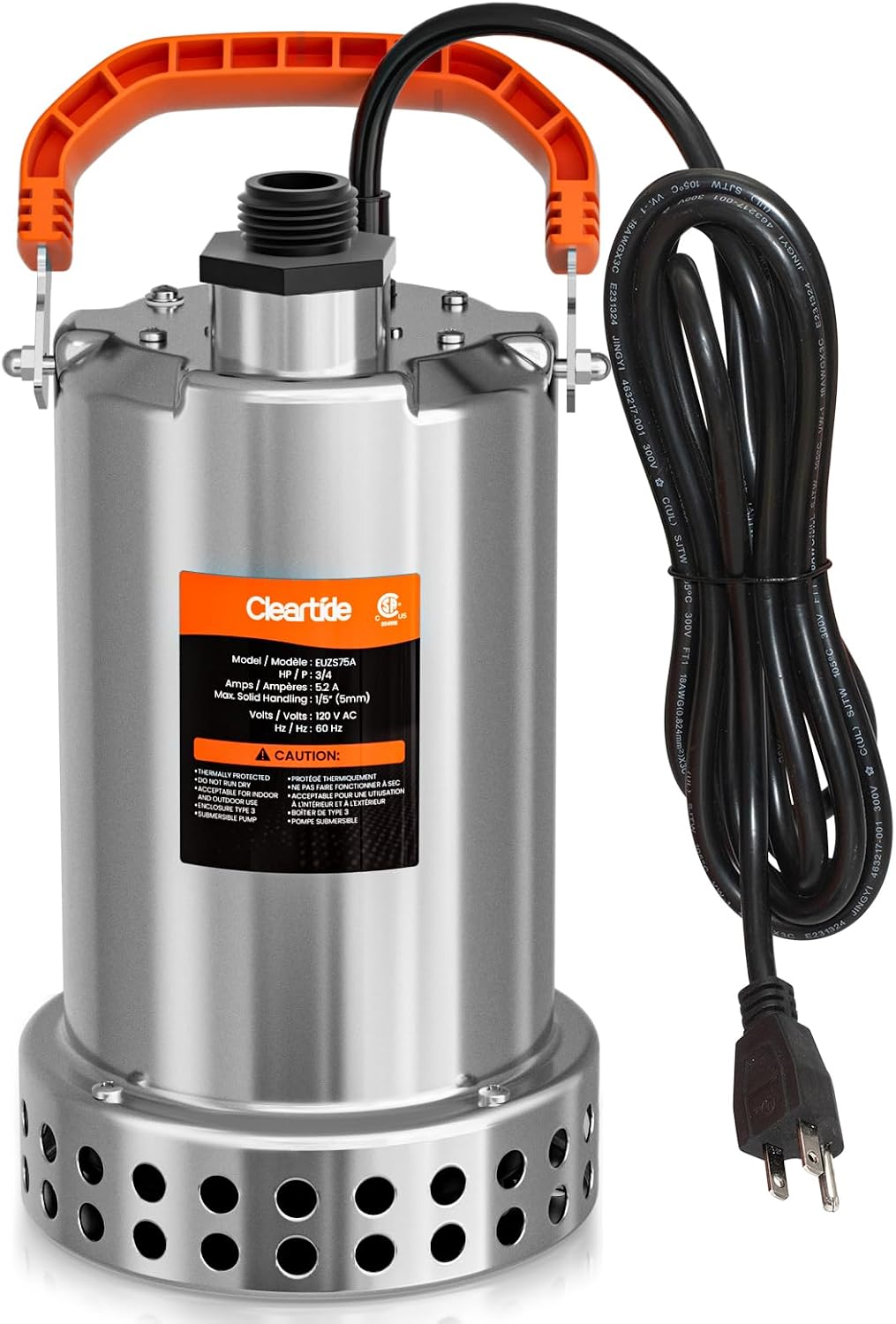 Stainless Steel Submersible Utility Water Pump, 3/4 HP 3780 GPH, Thermoplastic Portable Plug & Work, Ideal for Pool, Flooded Basement, Hot Tub, Pond & Garden Draining, 10 FT Cord