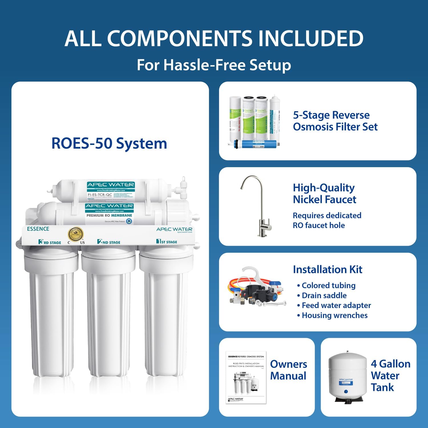 APEC Water ROES-50, 5-Stage Under Sink Reverse Osmosis System, 50 GPD | NSF Certified 372 & 58, Reduces 99% of Impurities, DIY Installation