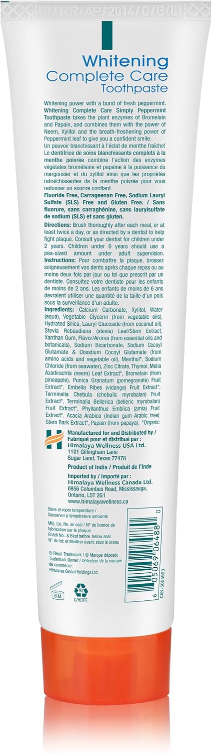 Himalaya Botanique Whitening Complete Care Toothpaste, Teeth Whitening, Fights Plaque, Fluoride Free, No Artificial Flavors, SLS Free, Cruelty Free, Foaming, Simply Mint Flavor, 5.29 Oz, 4 Pack