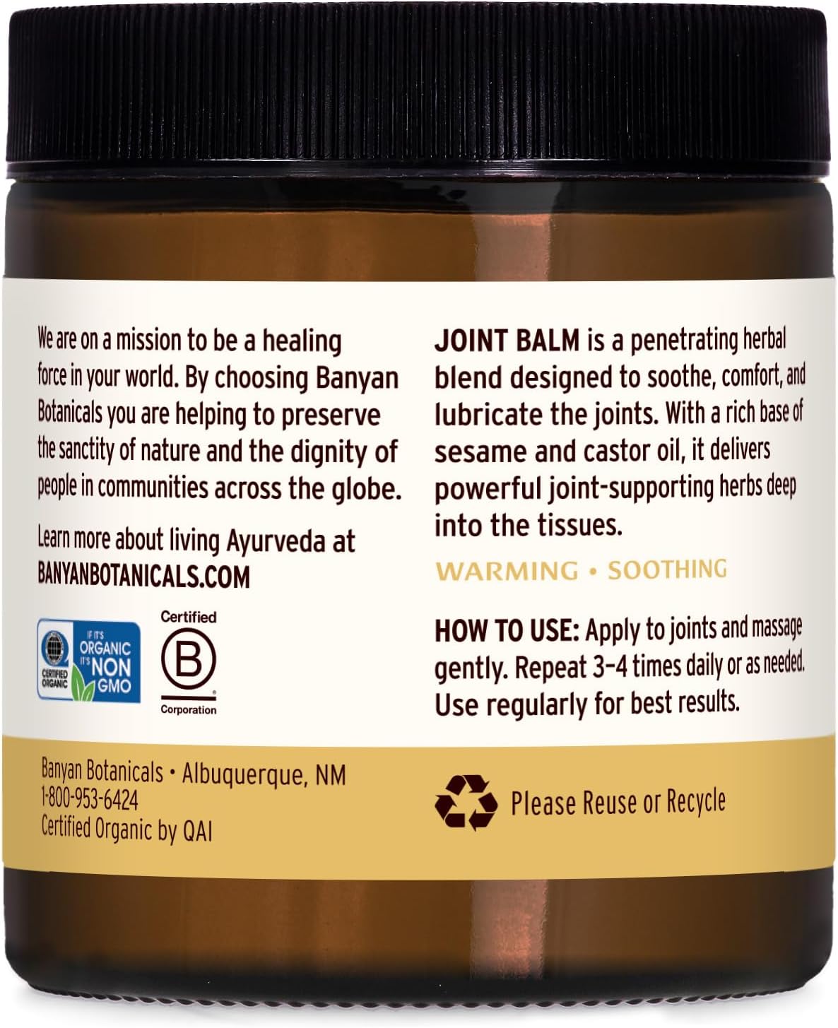 Banyan Botanicals Joint Balm – Organic Balm for Joints with Boswellia and Guggulu – for Supporting Comfortable Joints and Overall Joint Health – 4 oz – Non-GMO Sustainably Sourced Petroleum Free