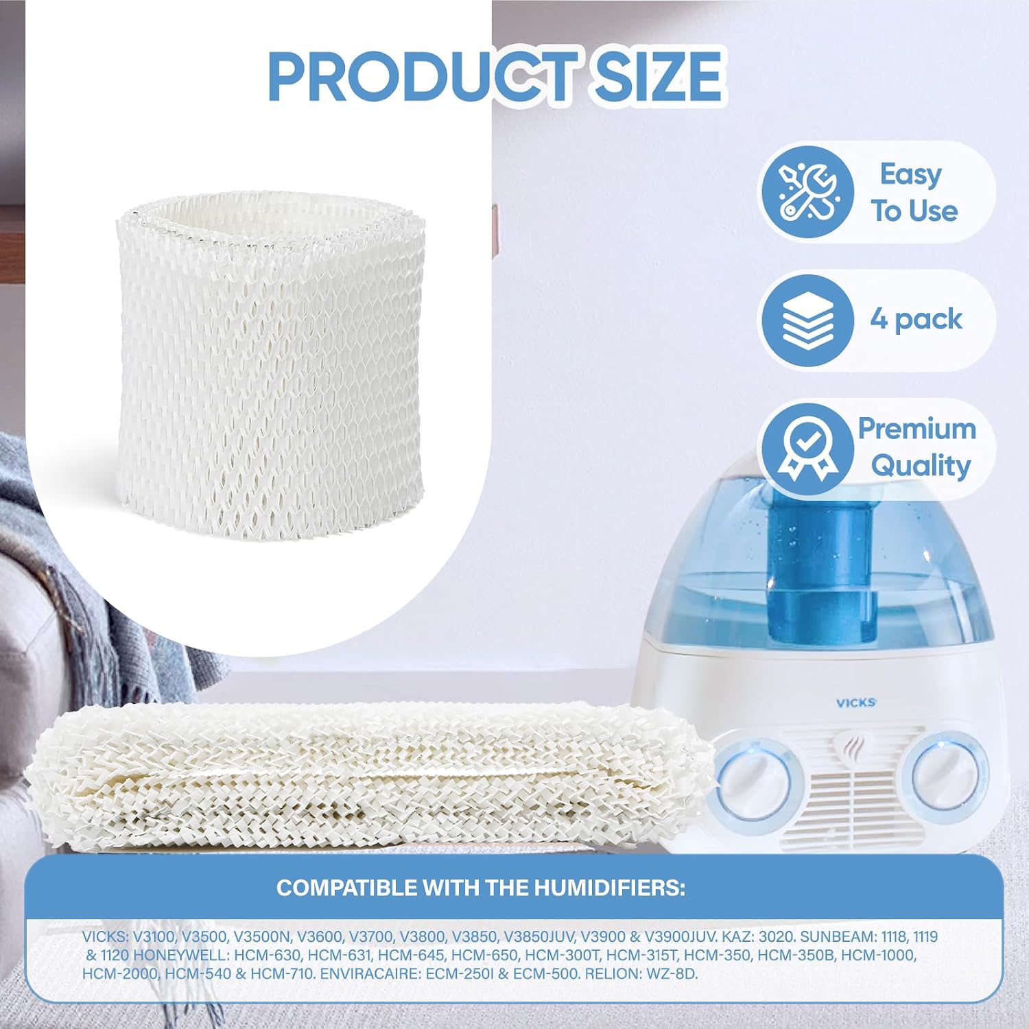 4 Pack WF2 Humidifier Wick Filter Replacement for Vicks Kaz V3500N V3700 V3100 V3900 Sunbeam 1118 1119 Series for Honeywell HCM-300T HCM-315T