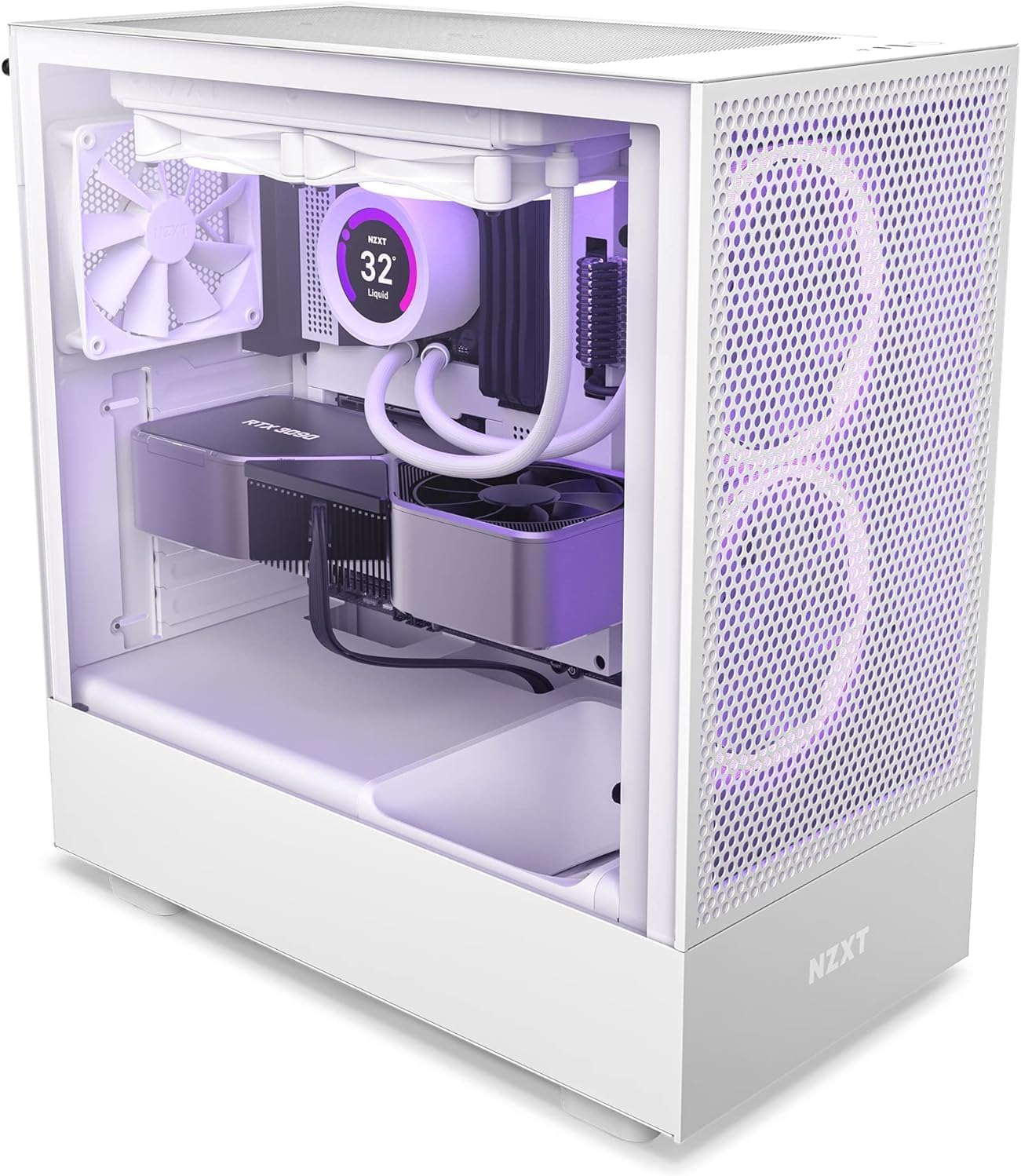 NZXT H5 Flow RGB - Compact ATX Mid-Tower PC Case - White | Compact mid-tower with included F360 RGB Core fans, 360mm radiator support, tempered glass. CAM-ready RGB out of the box.