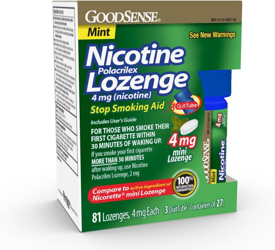 GoodSense Mini Nicotine Polacrilex Lozenge 4mg, Mint, 81-Count, Stop Smoking Aid, GoodSense Smoking Cessation Products