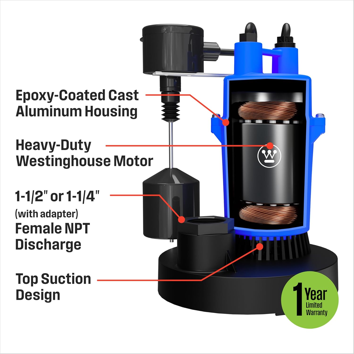 Westinghouse Sump Pump 1/2 HP 69 GPM Submersible Water Pump Thermoplastic Portable Utility Pump High Flow Water Removal for Swimming Pool Garden Pond Basement Window Wells with 10ft Long Power Cord