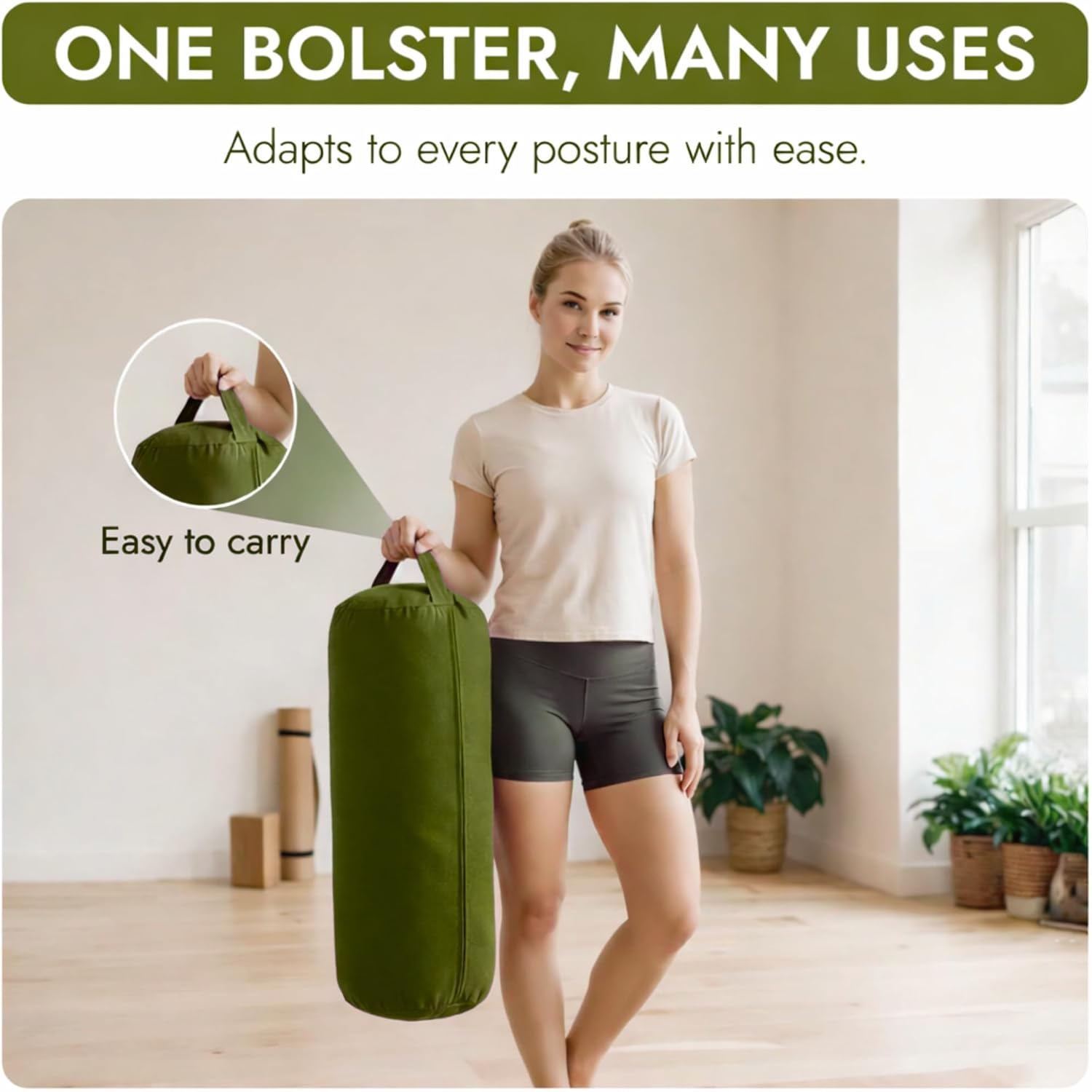 Yogikuti Iyengar Yoga Bolster for Restorative Yoga and Meditation – Lightweight Cotton Support Pillow with Handle for Easy Carry