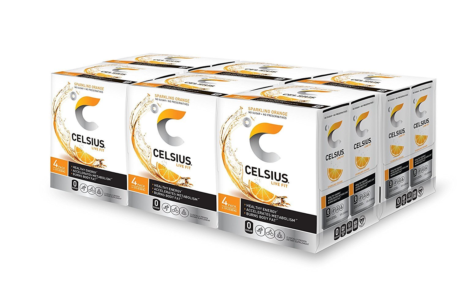 CELSIUS Sparkling Orange, Sugar Free Energy Drink, 12 Fl Oz (Pack of 4)