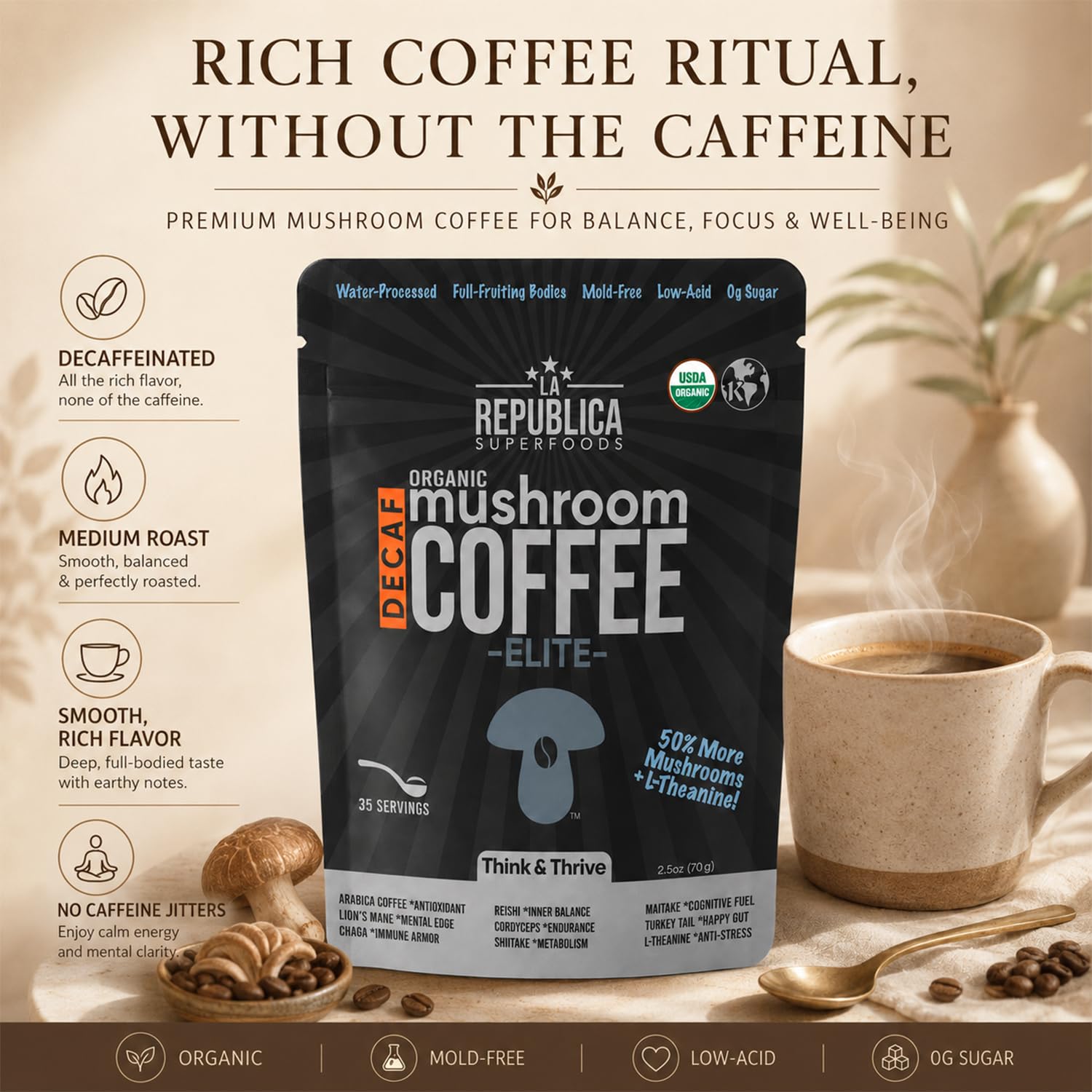 La Republica DECAF Organic Mushroom Coffee (35 Servings) with 7 Superfood Shrooms, Great Tasting Instant Mix Includes Lion's Mane, Reishi, Chaga, Cordyceps, Shiitake, Maitake, and Turkey Tail (Decaffeinated)
