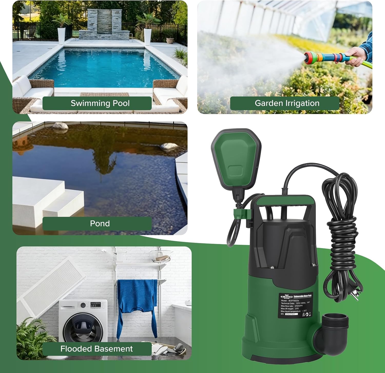 4200GPH 1HP Submersible Sump Pump with Automatic Float Switch | LAZYLAND, Clean Water Pump for Pool, Pond, Garden, Flooded Cellar, Aquarium and Irrigation (Green)