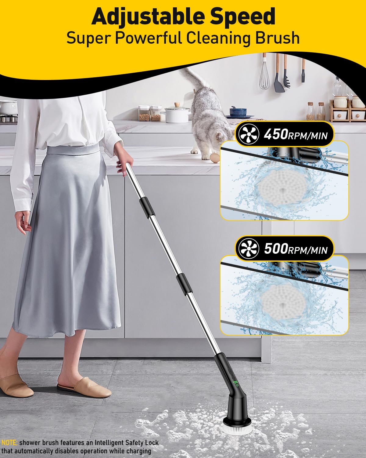 Electric Spin Scrubber for Bathroom, Shower Scrubber with Long Handle | Shower Cleaner Brushes, IPX7 Waterproof & 2 Speed, 3 Brush Heads, 90min Runtime, Bathroom Cleaning Supplies for Toilet Tub