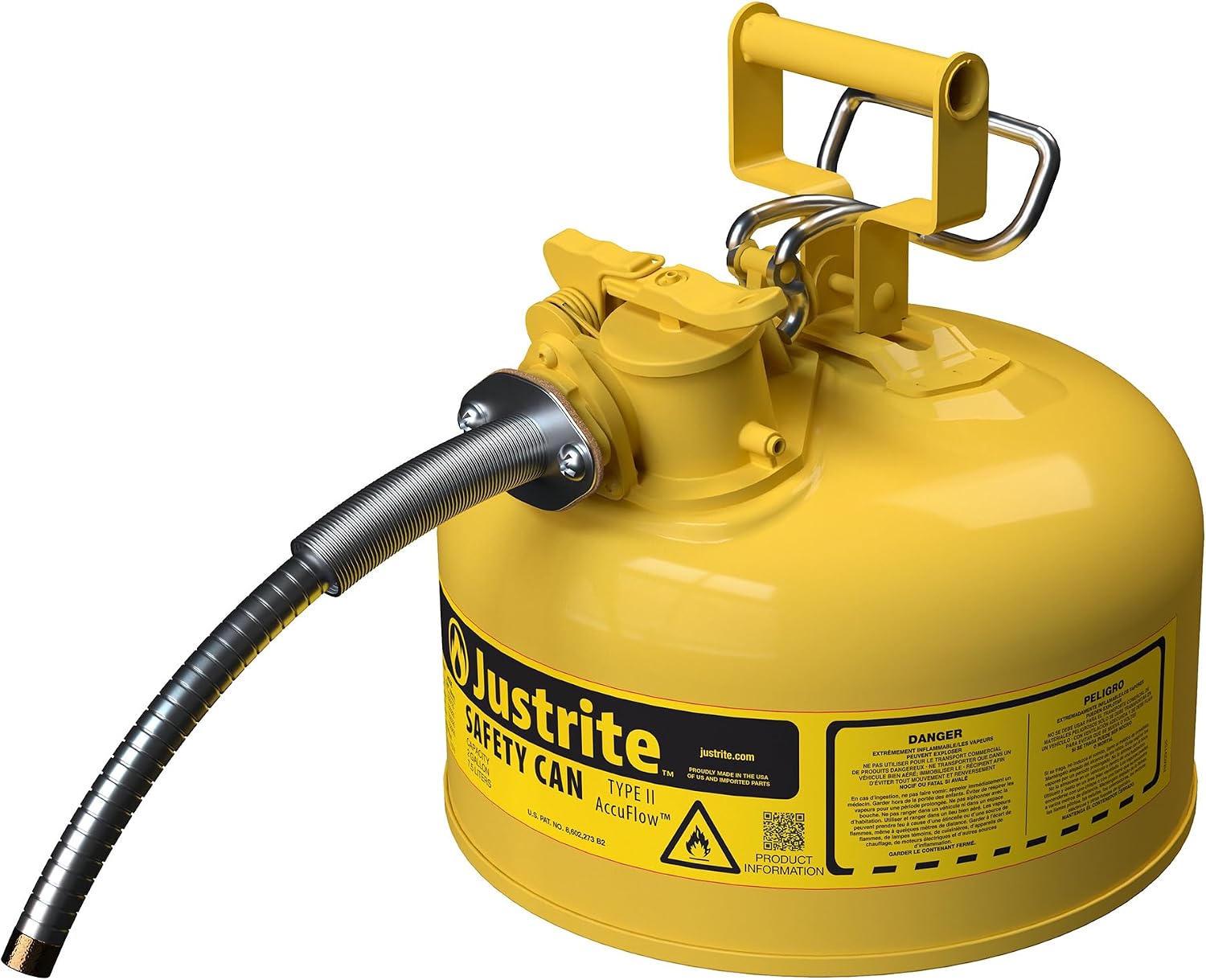 Justrite Type II Diesel Fuel Can, Yellow Galvanized Steel, FM Approved | Flammable Liquid Storage Can with Controlled Pouring, 2 Gallon Capacity