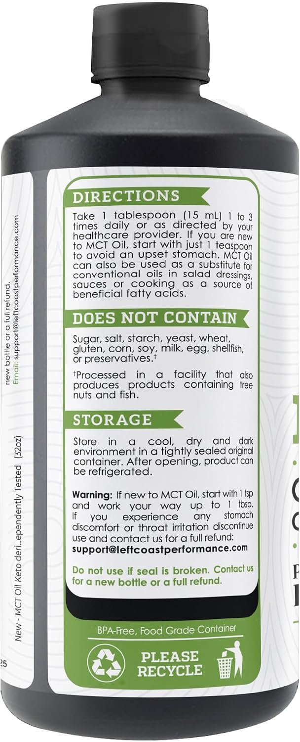 100% Coconut MCT Oil Liquid, 32 Fl Oz | MCT Oil C8 C10 for Sustained Mental Energy & Focus - Support Great for Smoothies Salads Coffee - Palm Free, Keto Friendly