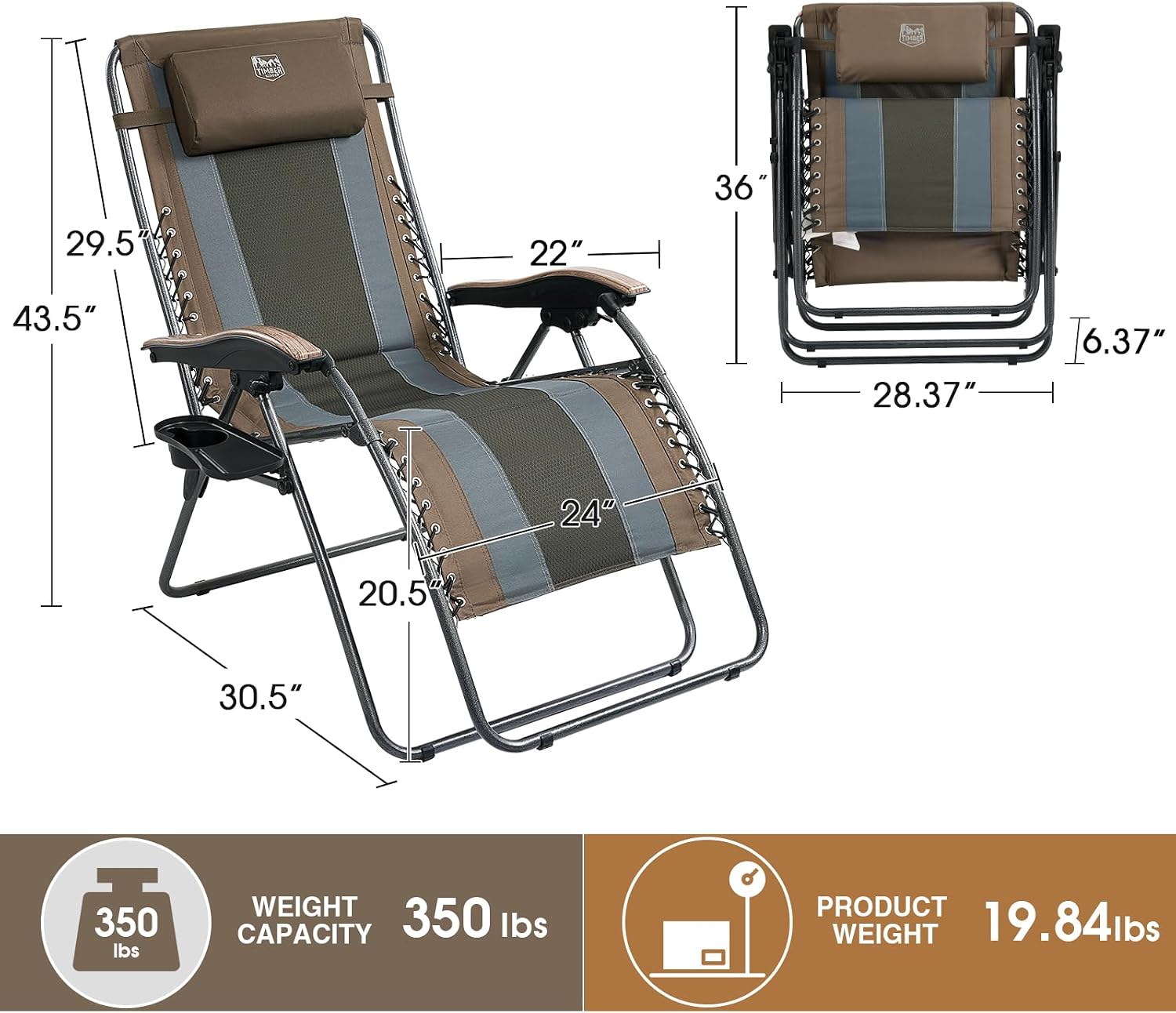 Timber Ridge Oversized Zero Gravity Chair, Padded Reclining Lounge Chair with Adjustable Headrest & Cup Holder, Heavy Duty Support 350 lbs