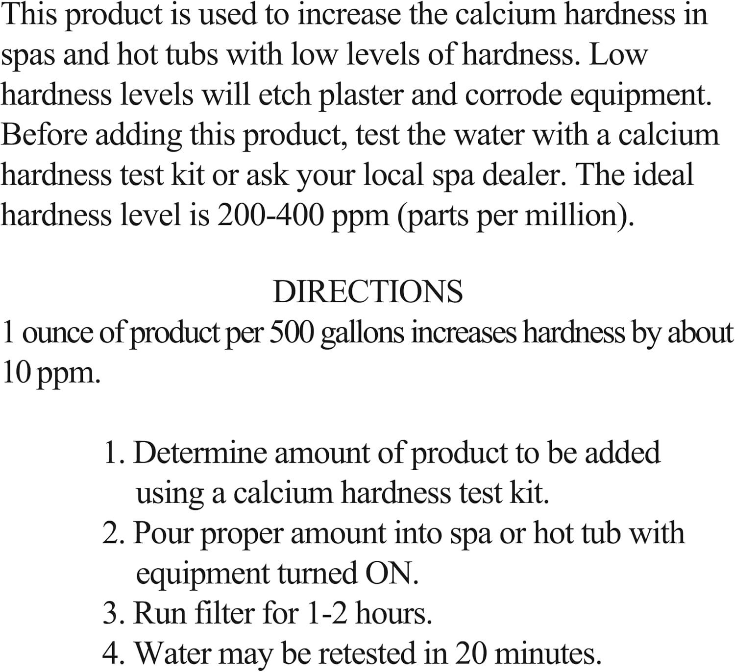 SpaChoice 1-Quart Premium Liquid Calcium Hardness Increaser Hot Tub | Rapidly Increases Calcium Hardness, Concentrated Calcium Chloride, 1 oz per 500 gallons raises hardness 10 ppm, Made in USA