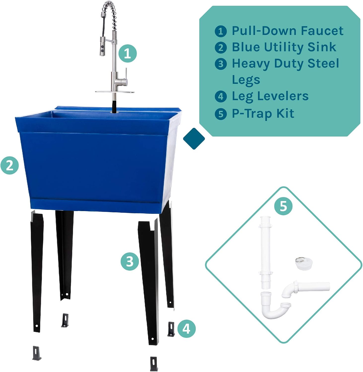 Utility Sink Extra-Deep Laundry Tub in White with High-Arc Stainless Steel Coil Pull-Down Sprayer Faucet, Integrated Supply Lines, P-Trap Kit
