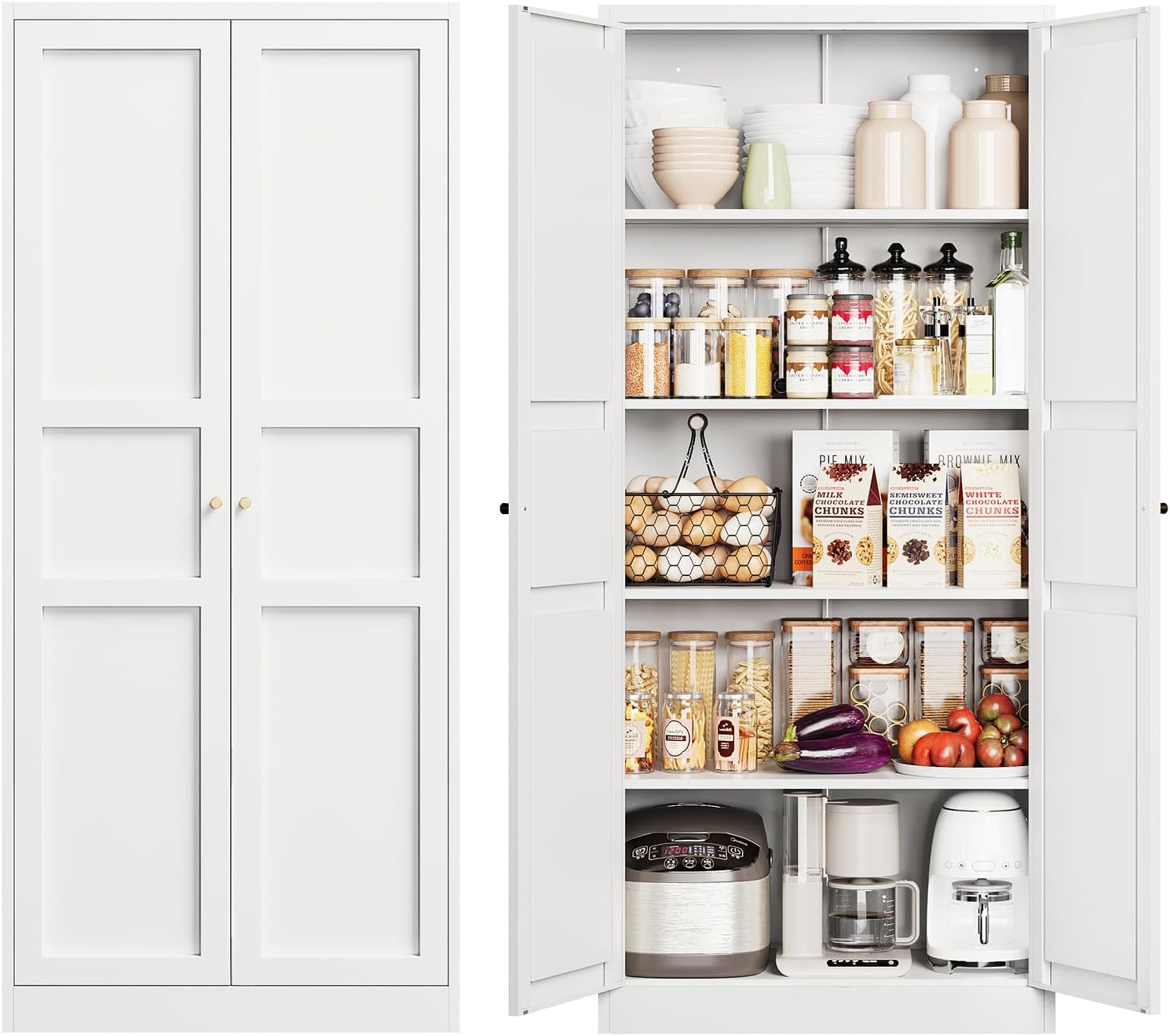Metal Storage Cabinet with 2 Doors and 4 Adjustable Shelves - 61" White Kitchen Pantry Storage 5-Tier Tall Steel Cabinets Locker for Kitchen, Living Room, Dining Room