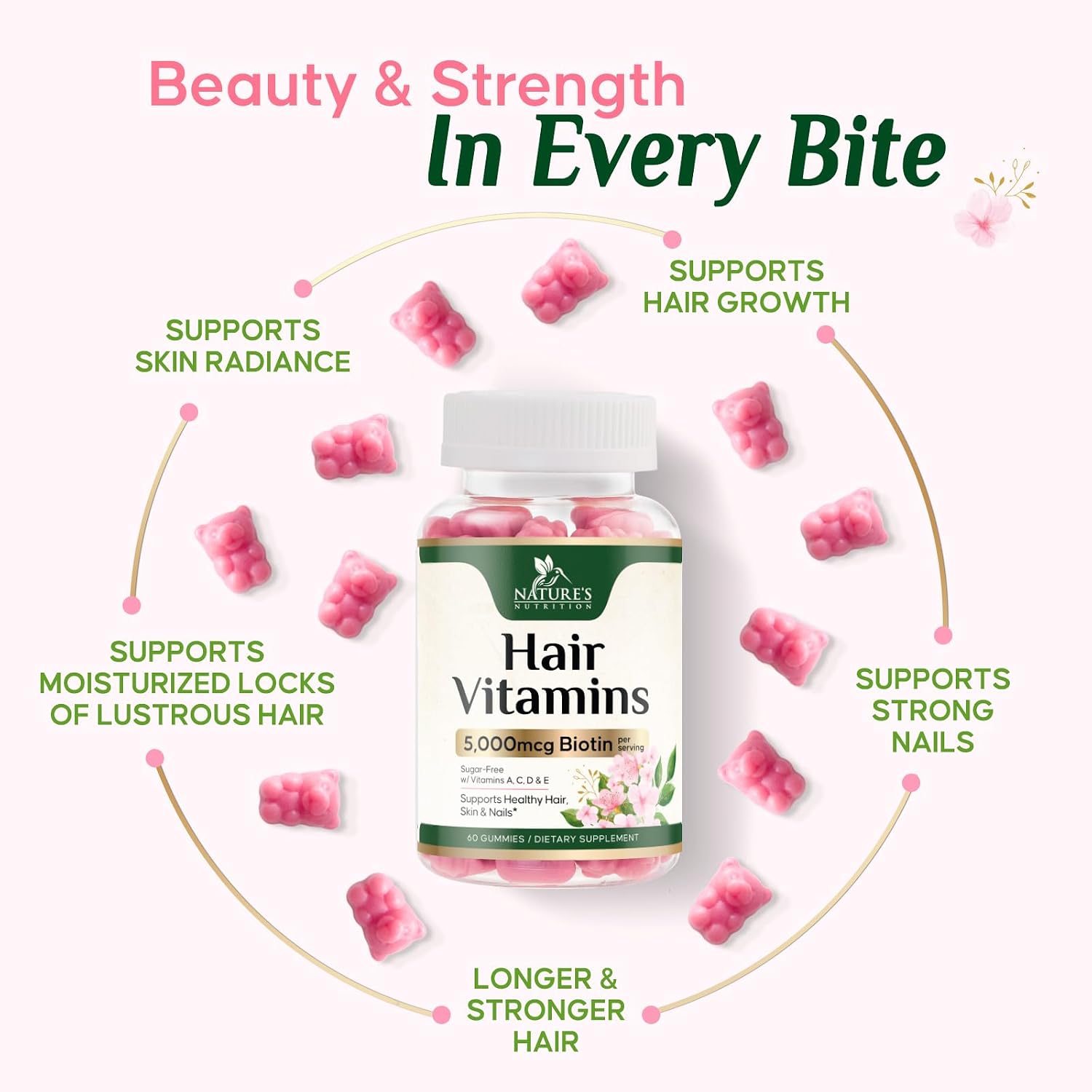 Hair Vitamins Gummies with Biotin 5000 mcg Per Serving - Extra Strength Hair Growth Support Vitamin E & C - Stronger Radiant Hair